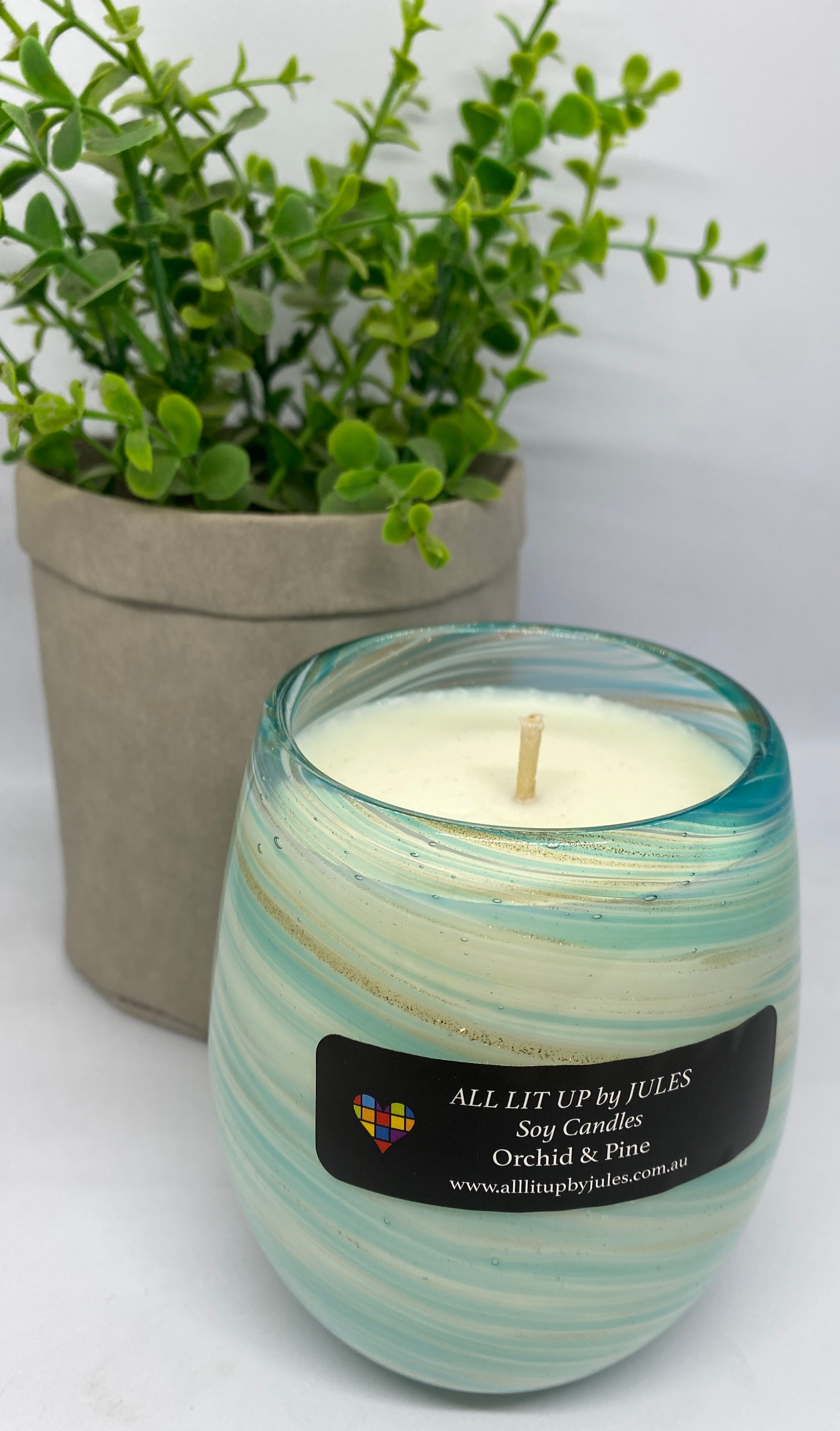 Aqua Gold Swirl Glass with Orchid & Pine Fragrance