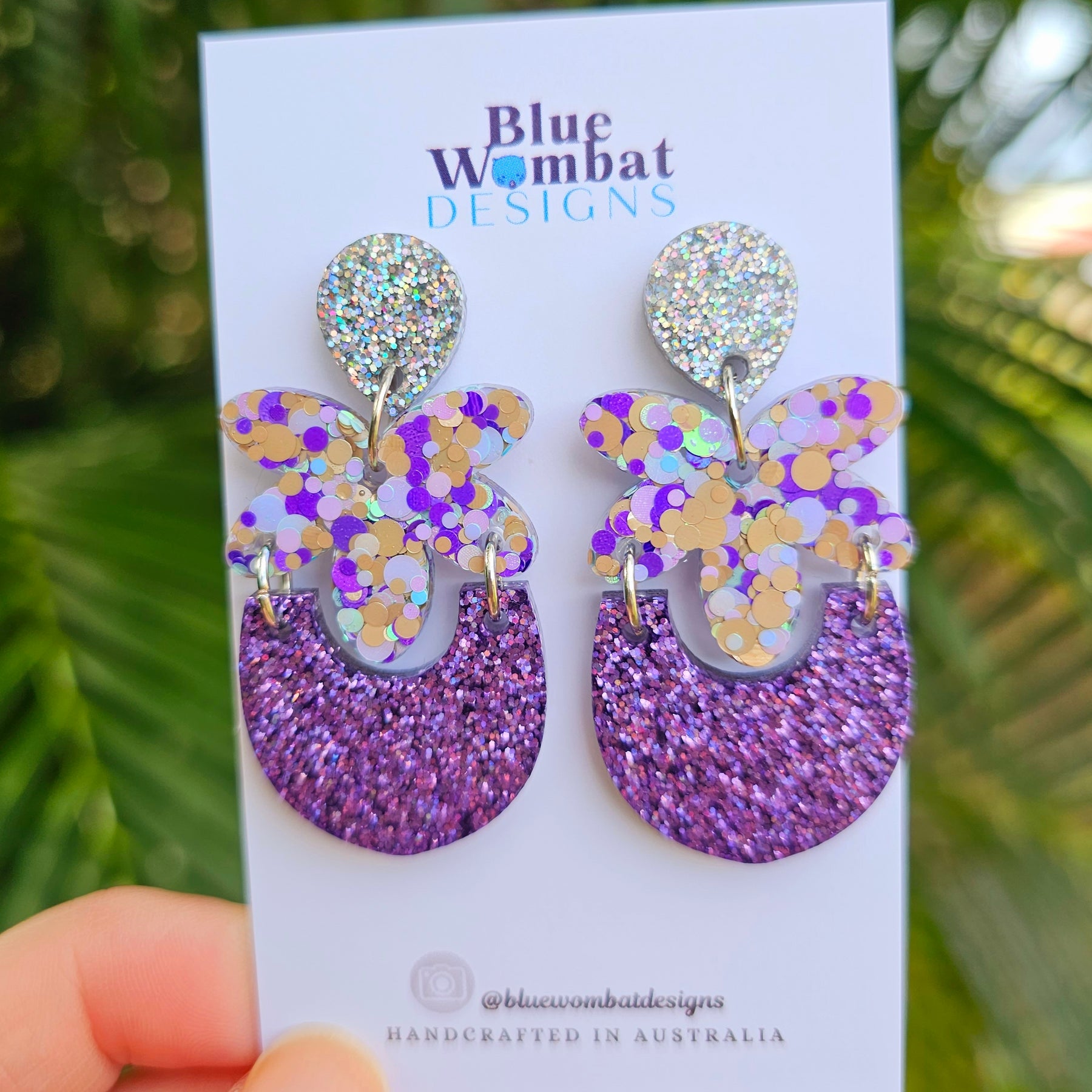 Handmade Purple Glitter Resin Statement Dangle Earrings