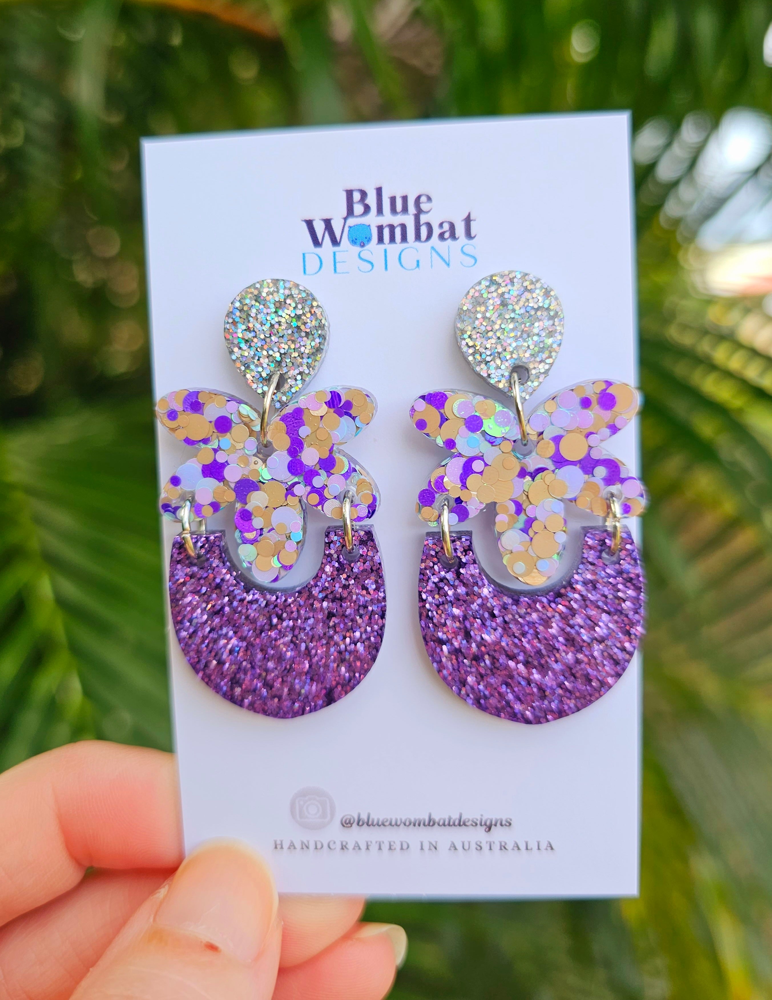 Handmade Purple Glitter Resin Statement Dangle Earrings