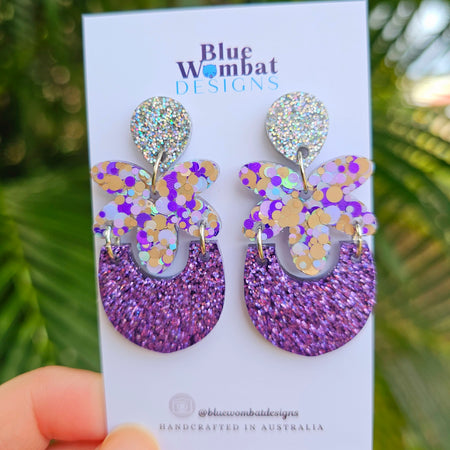 Handmade Purple Glitter Resin Statement Dangle Earrings