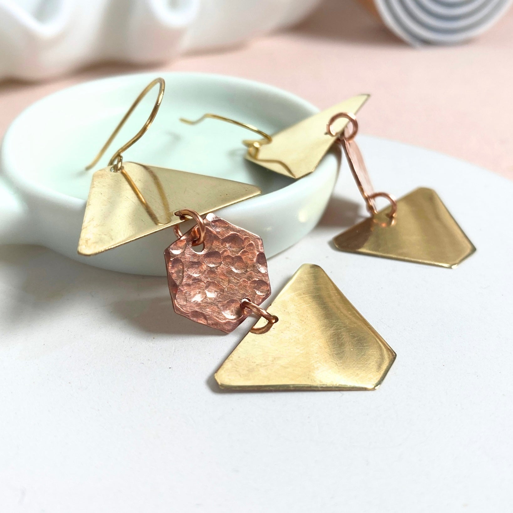 Geometric dangle earrings | Brass and copper | Statement earrings