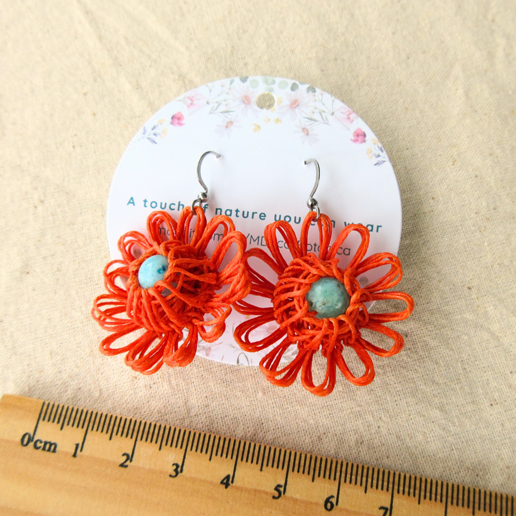 Orange Handmade Flower Earrings - Choose Your Gemstone (Green Aventurine, Carnelian Agate, Hemimorphite)