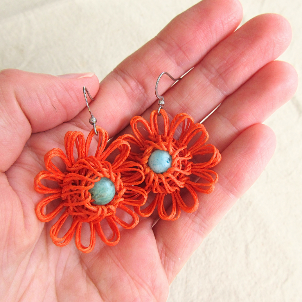 Orange Handmade Flower Earrings - Choose Your Gemstone (Green Aventurine, Carnelian Agate, Hemimorphite)