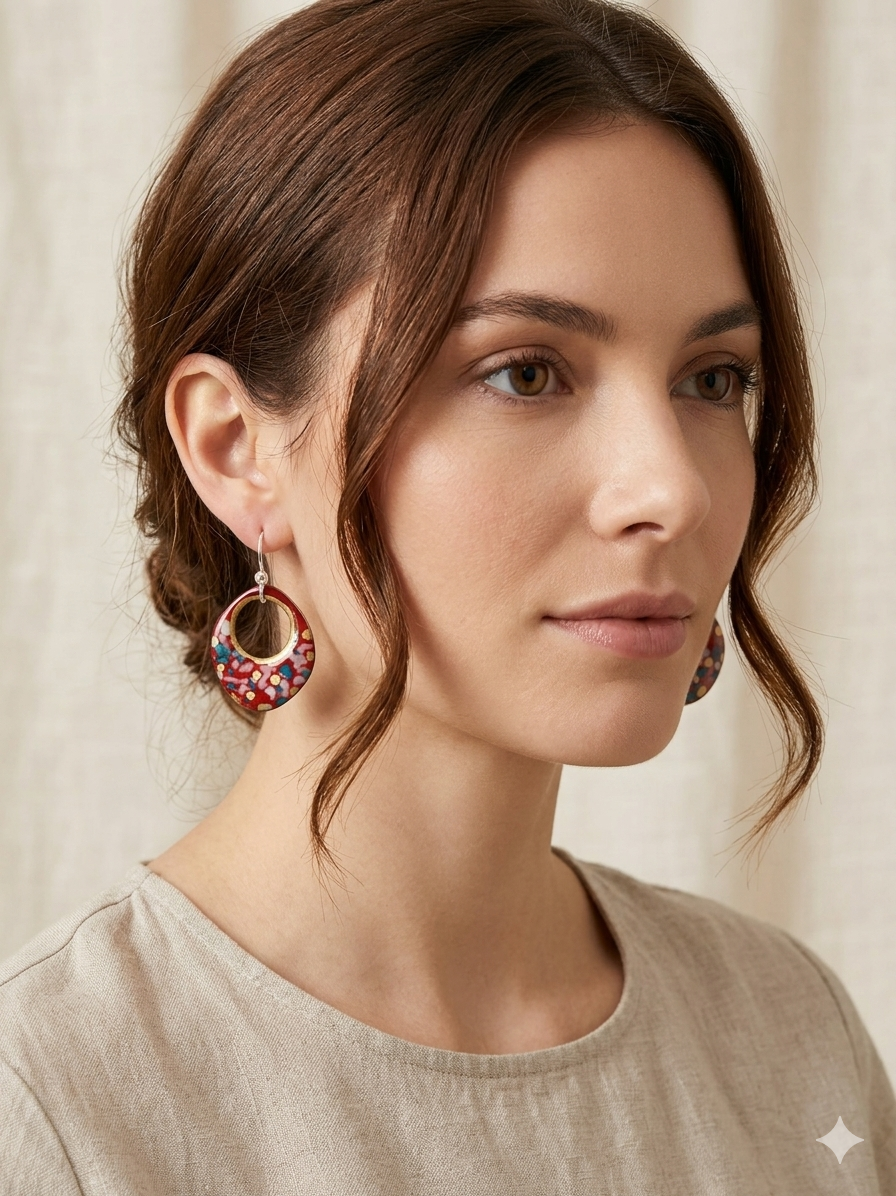 Red enamel earrings with glass specks and gold accents.