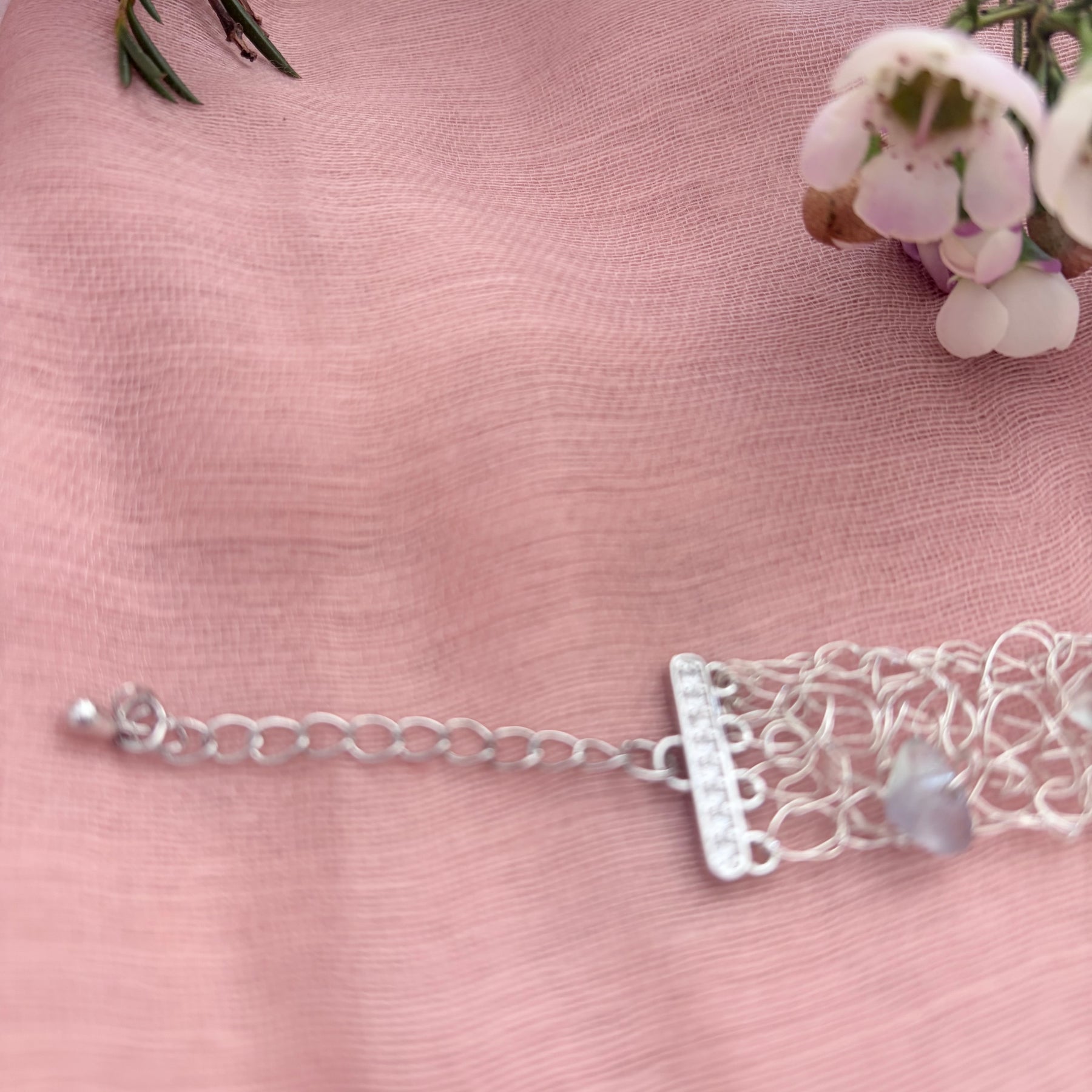 ✨FLUORITE WHISPER✨ Silver-blend crochet bracelet