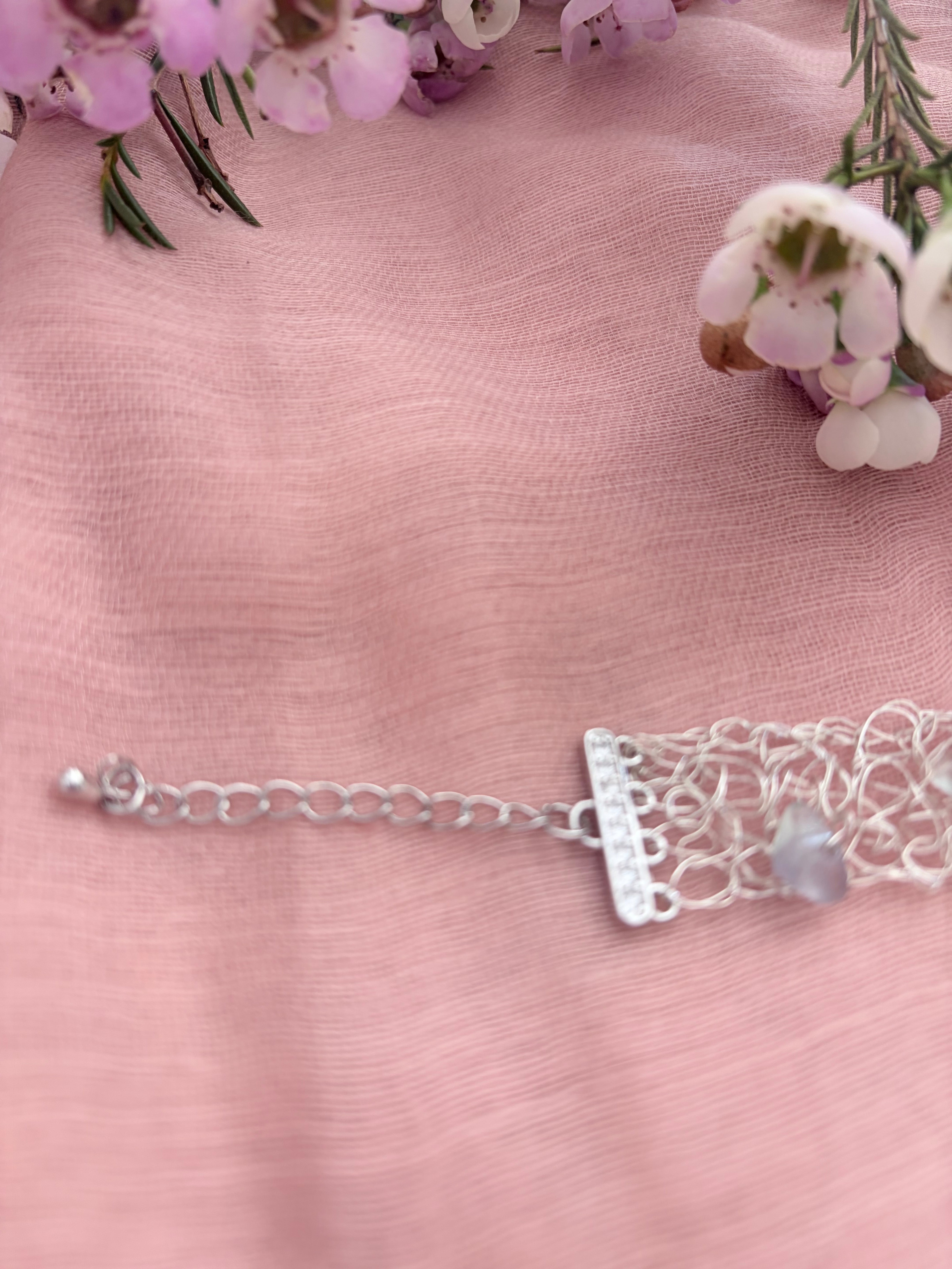 ✨FLUORITE WHISPER✨ Silver-blend crochet bracelet