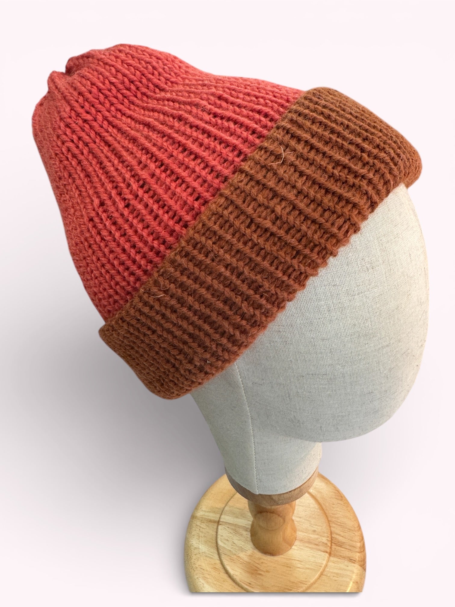 Hand Knit Reversible Beanie Orange Brown