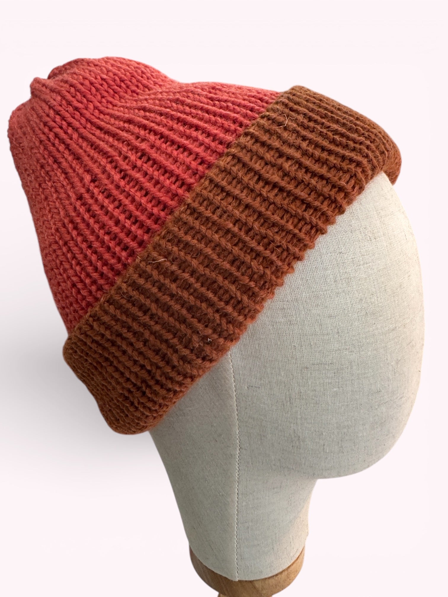 Hand Knit Reversible Beanie Orange Brown