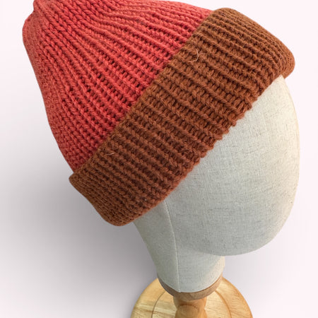 Hand Knit Reversible Beanie Orange Brown