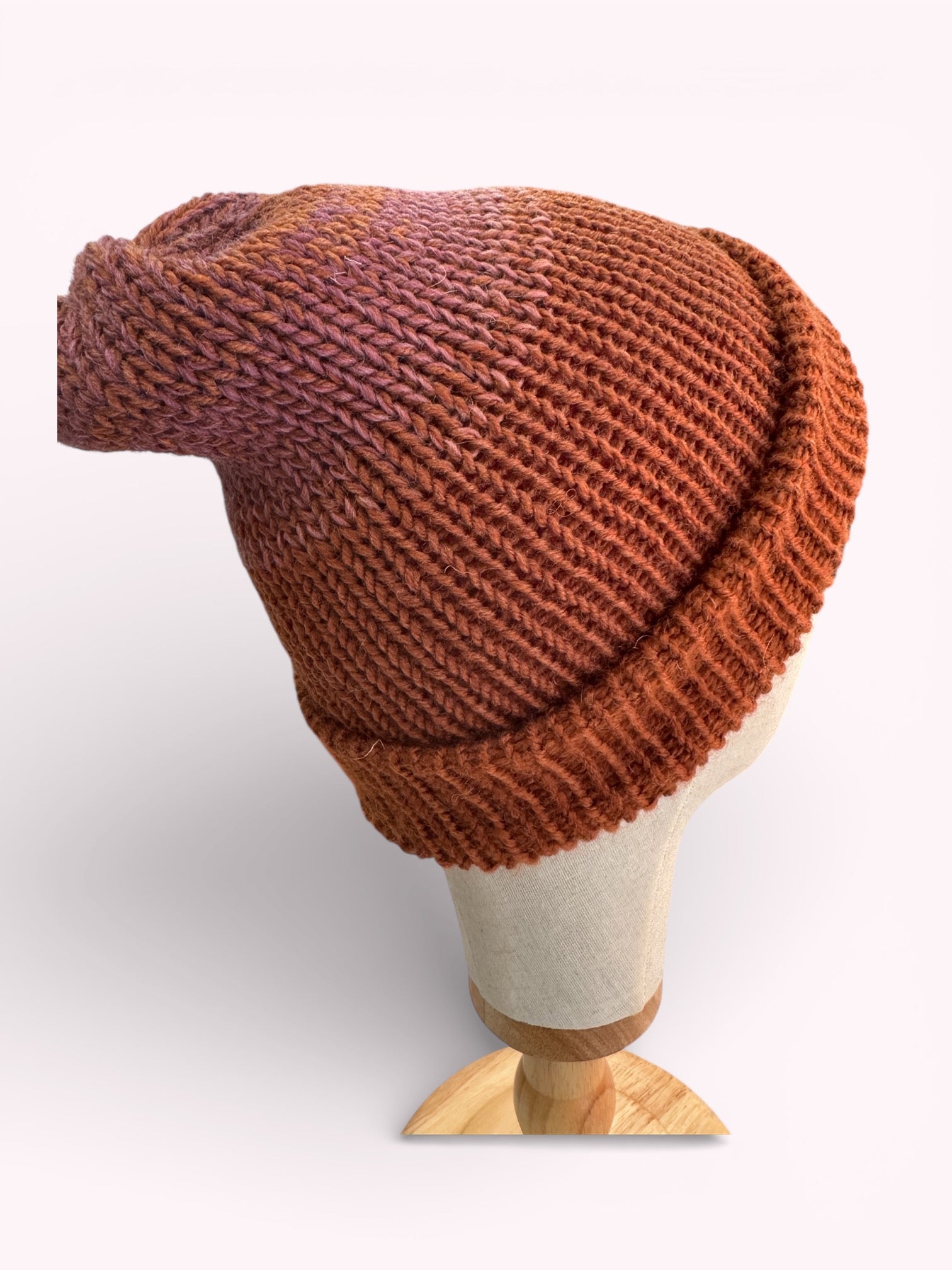 Hand Knit Reversible Beanie Orange Brown