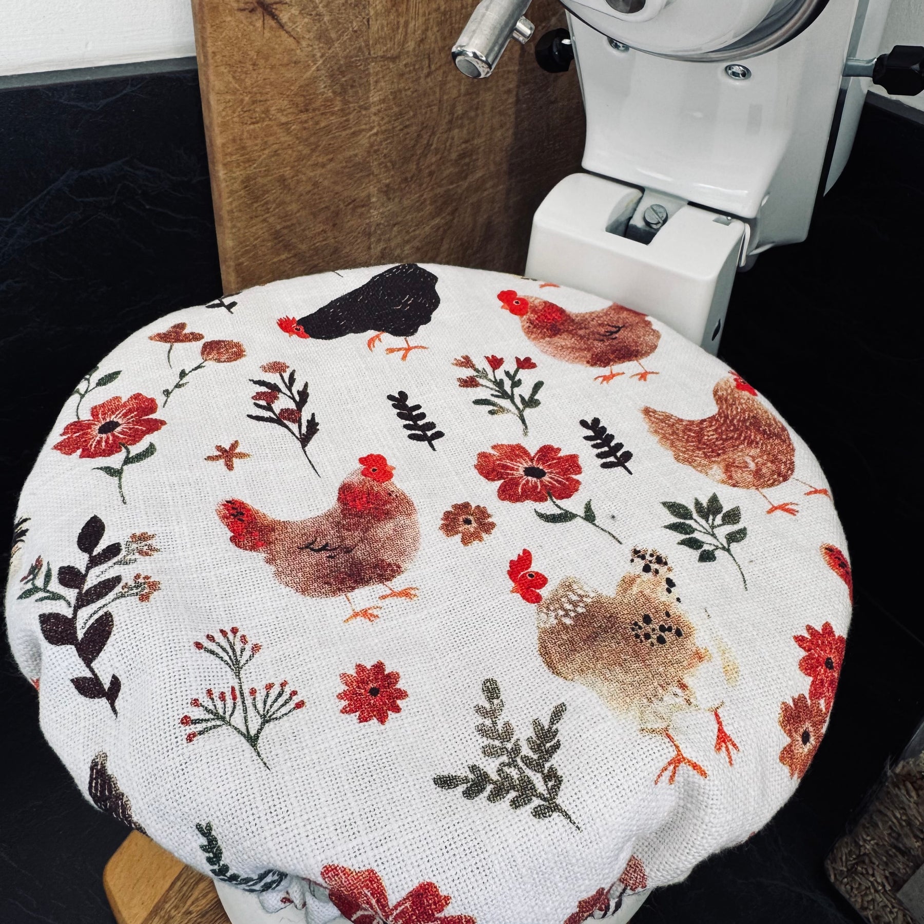 Reversible Cotton Bowl Cover – Muted Mustard Gingham & Country Chickens (Fits KitchenAid & Mason Cash)