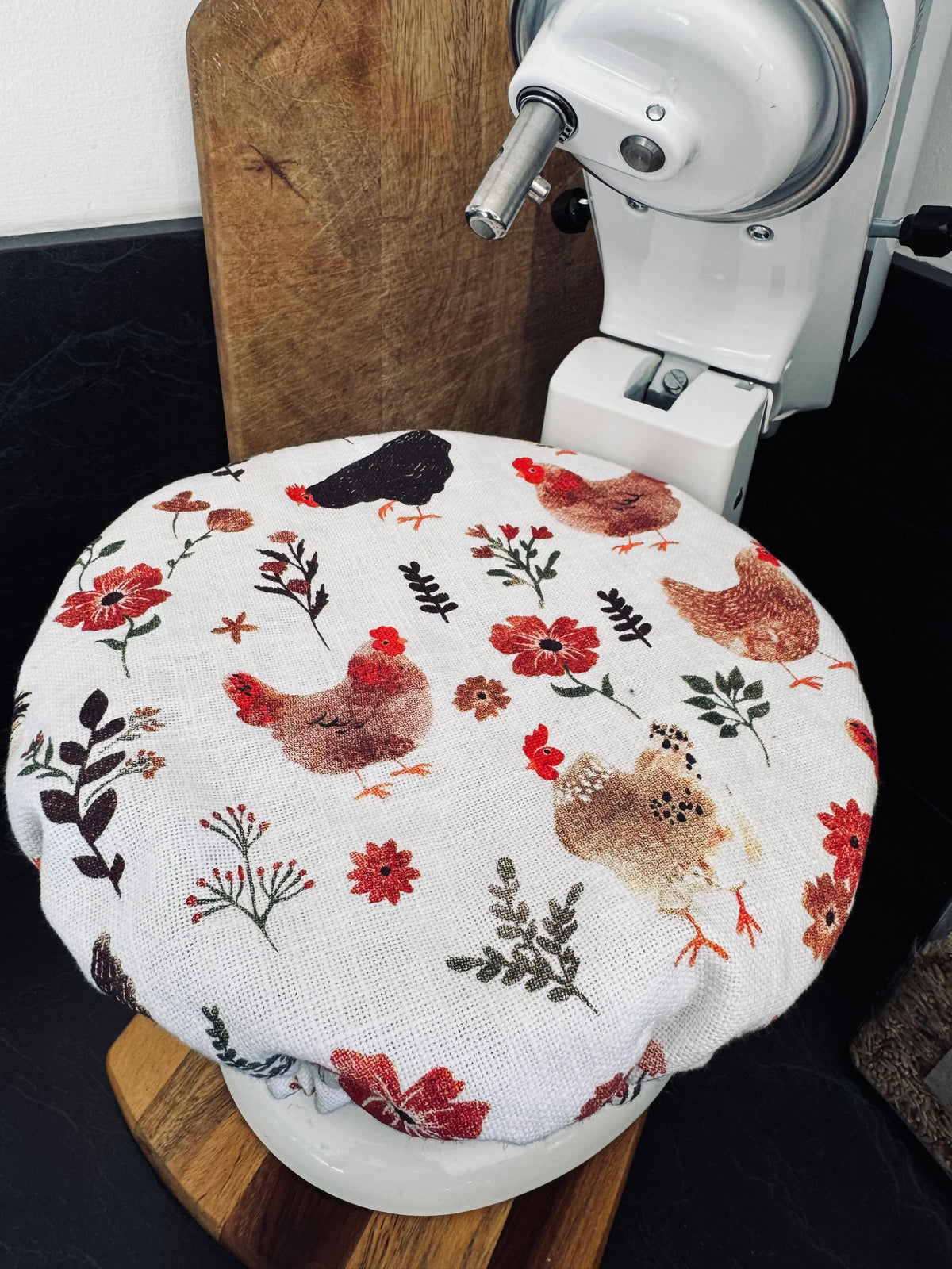 Reversible Cotton Bowl Cover – Muted Mustard Gingham & Country Chickens (Fits KitchenAid & Mason Cash)