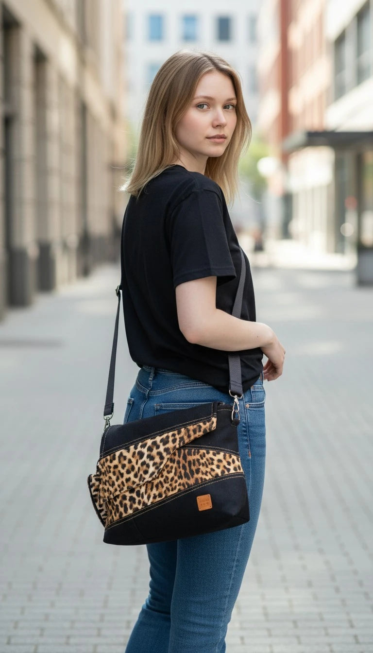 Leopard & Black Denim Upcycled Messenger Bag