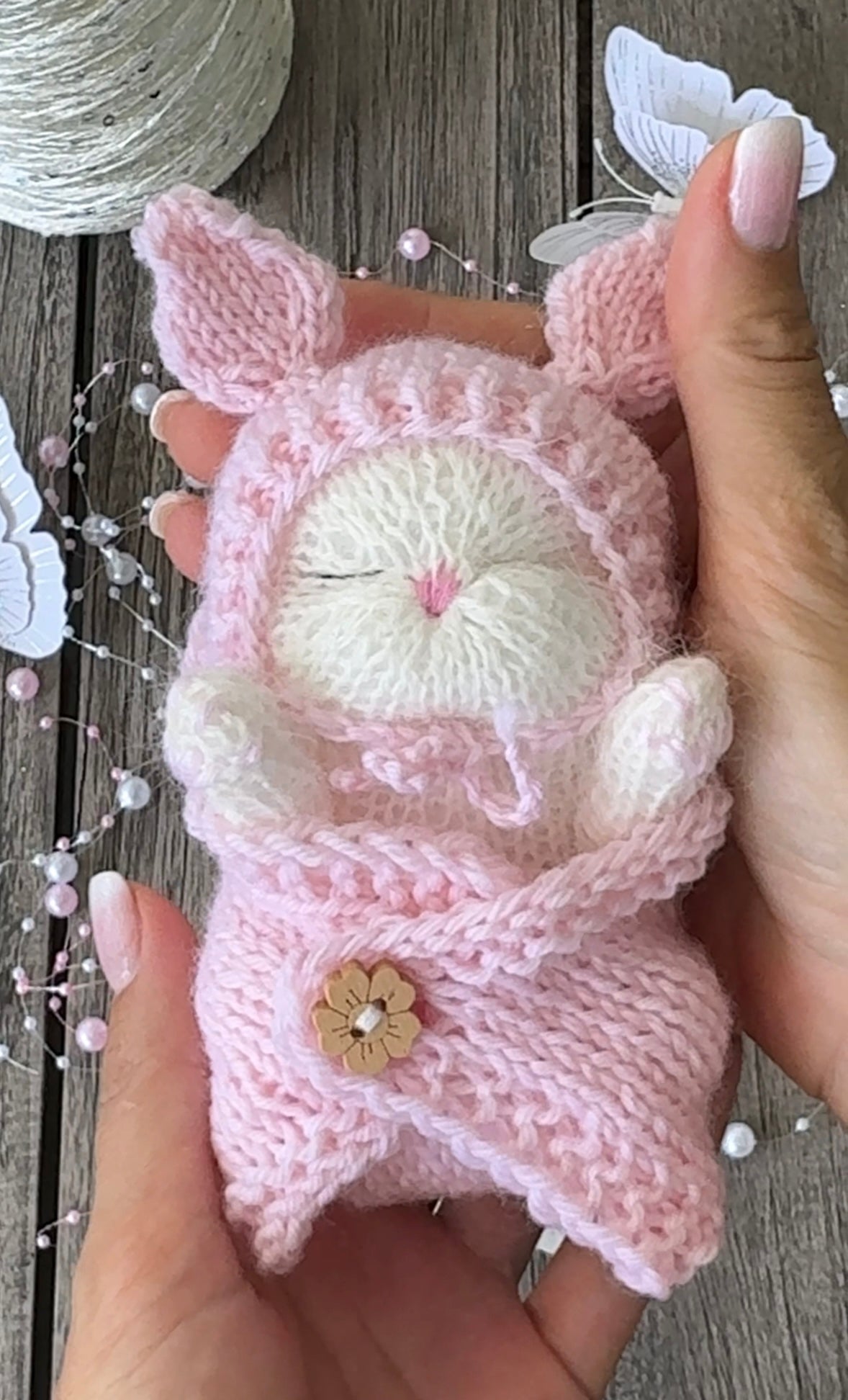 Handmade White Sleeping Kitty in The Bunny Beanie and Blanket