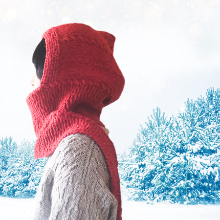 Hand knit Hood Scarf for Junior / Adult Small -Red Hat Balaclava