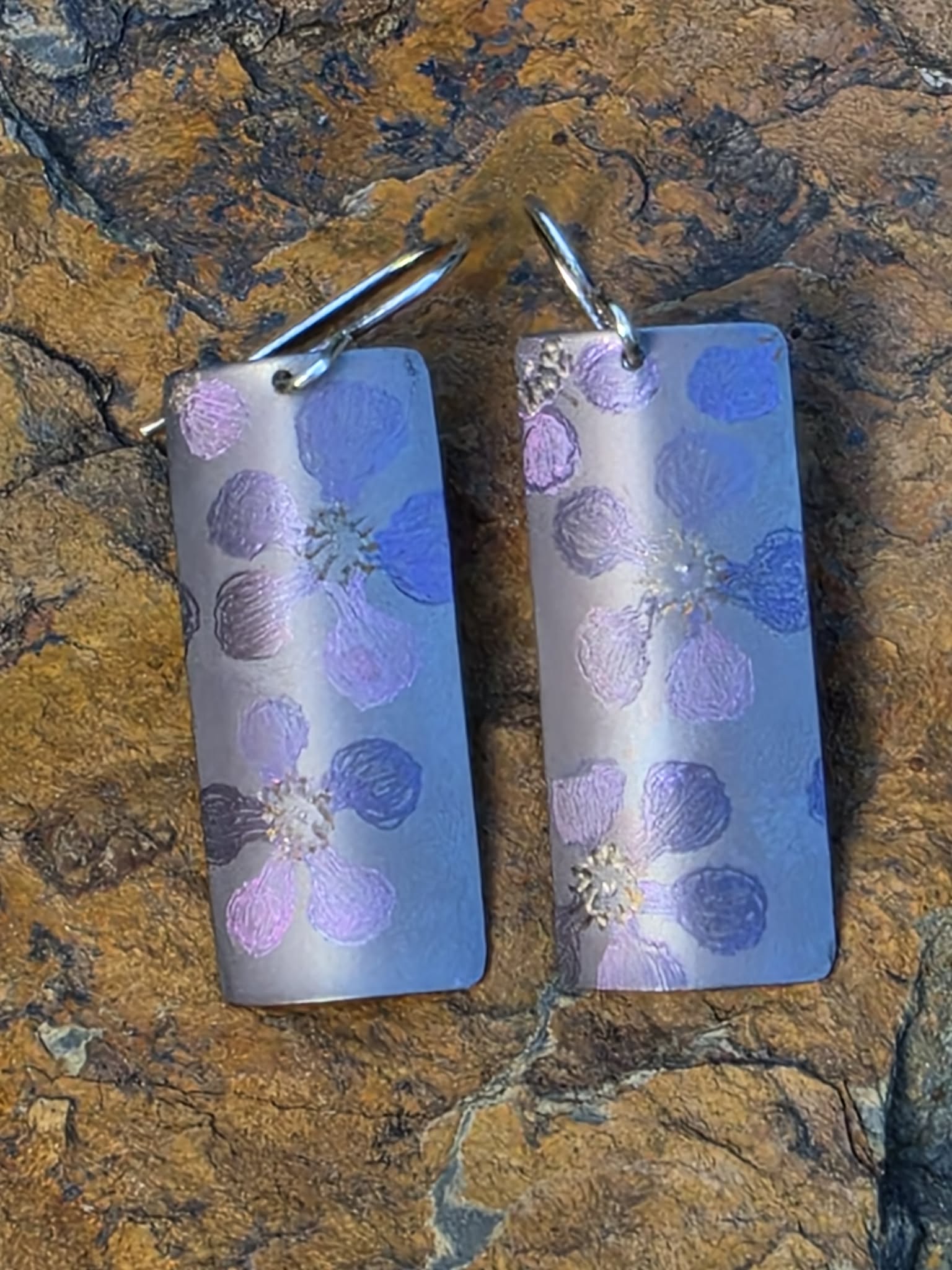 Titanium Dangles with Leptospernum Design- soft grey, pink and purple