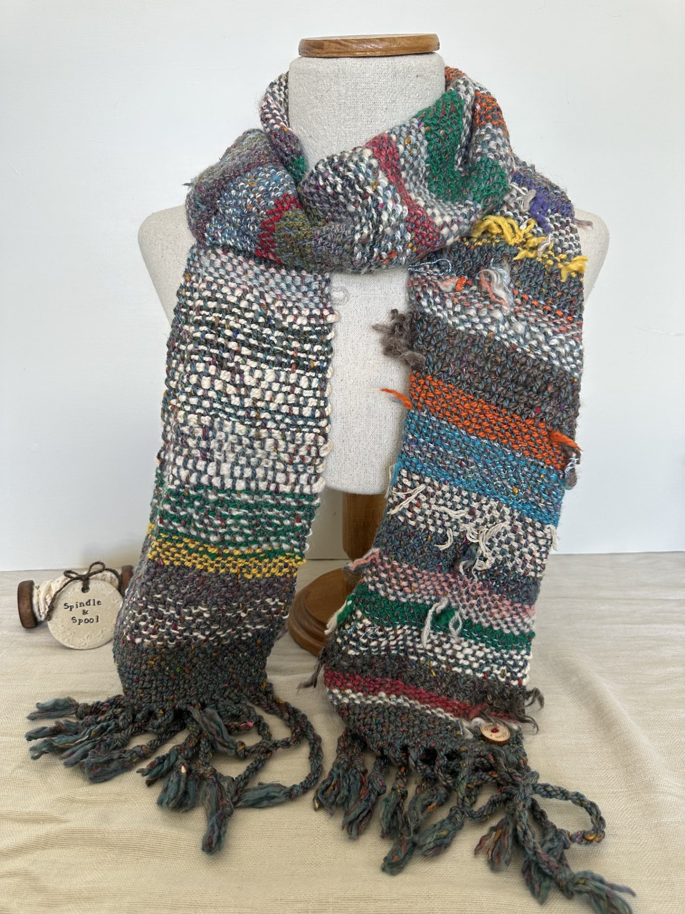 'Boho Scrappy' Handspun Natural Fibres Woven Scarf