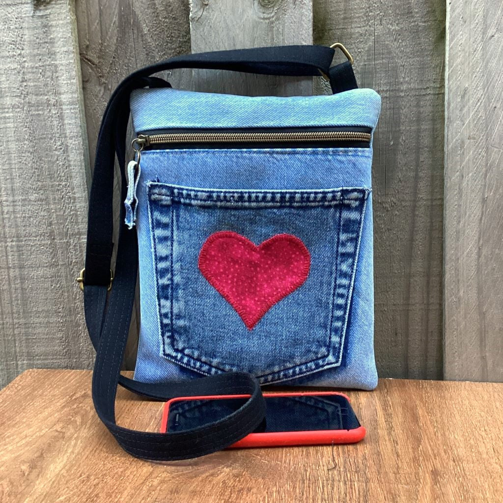 Cross Body Denim Bag - Pocket Red Heart