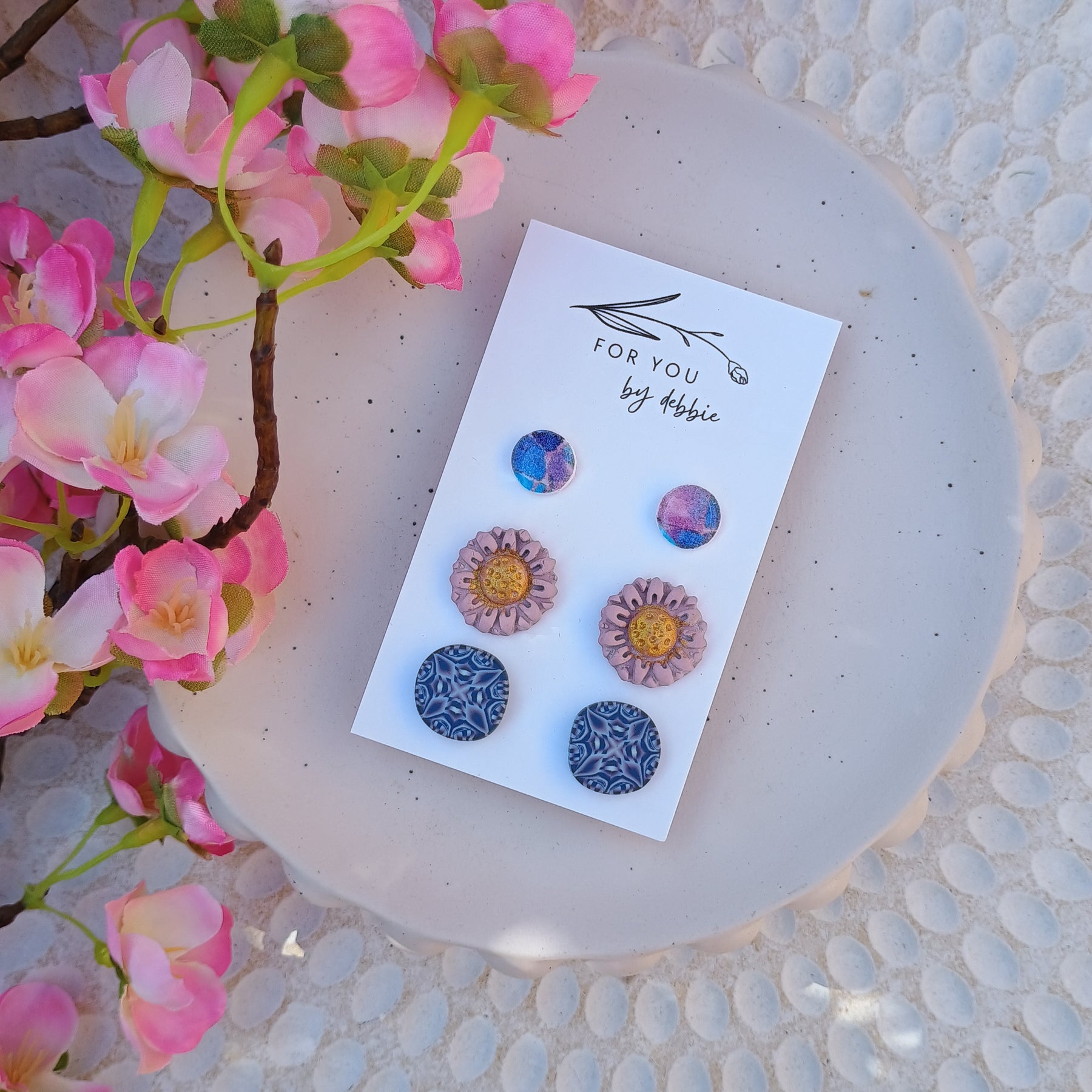 Trio set stud earrings - kaleidoscope floral