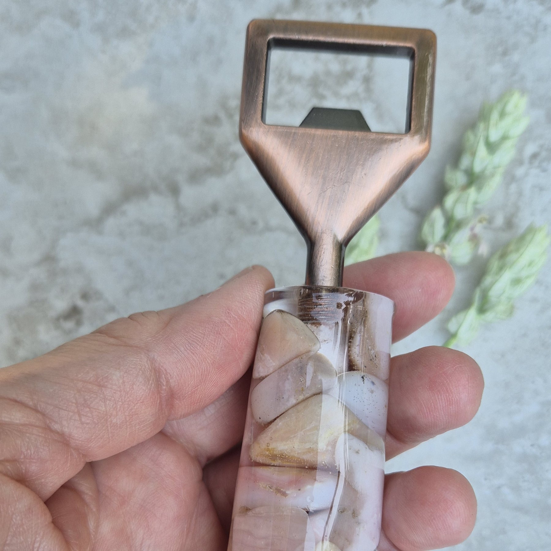 Handmade Resin Bottle Opener with embedded Pink Opal