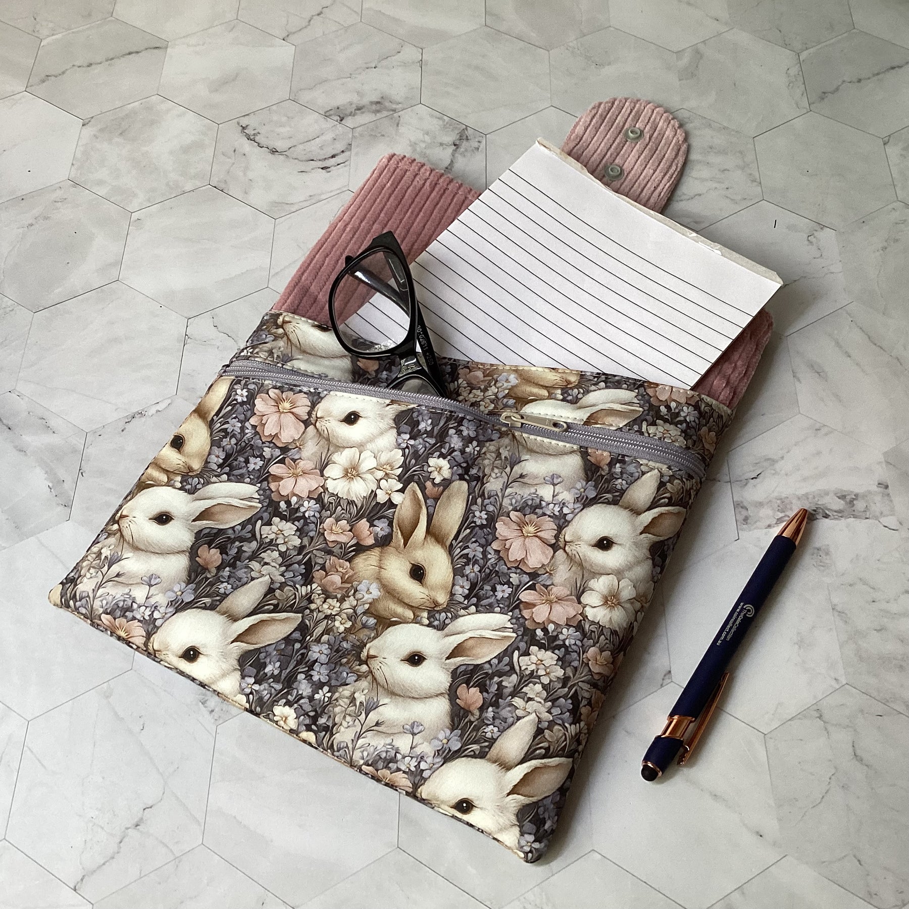 Bunny Rabbits fabric book sleeve with 2 pockets. iPad, tablet pouch