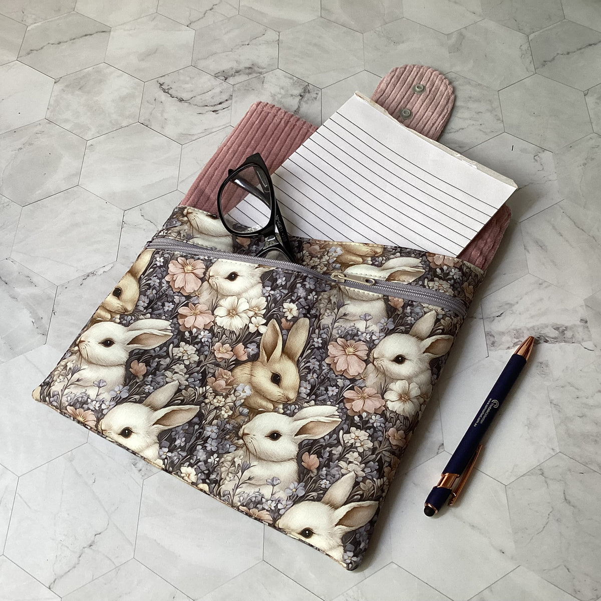 Bunny Rabbits fabric book sleeve with 2 pockets. iPad, tablet pouch