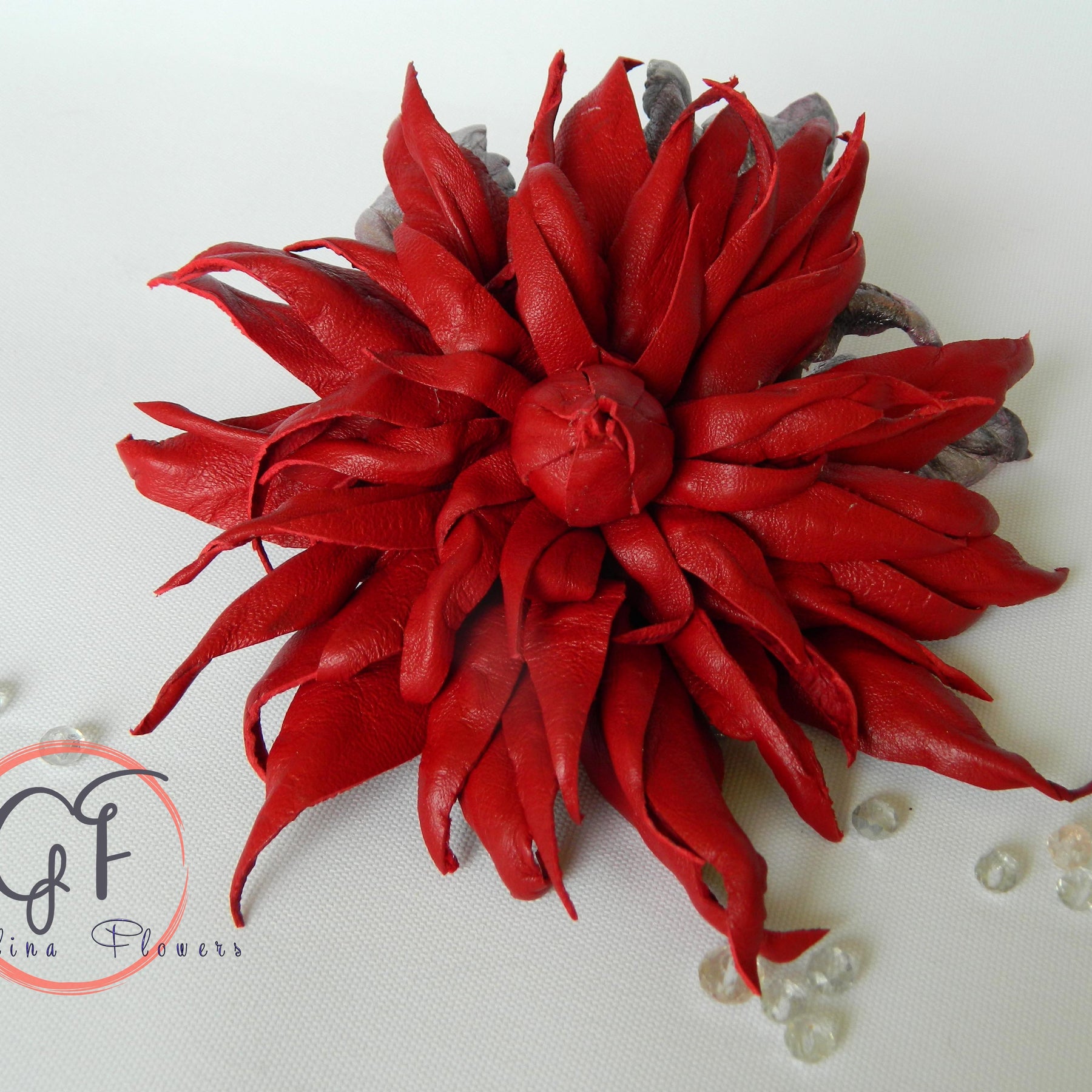 Leather Red Dahlia “Burning Petals” Brooch, Hair hat clip, Corsage Flower