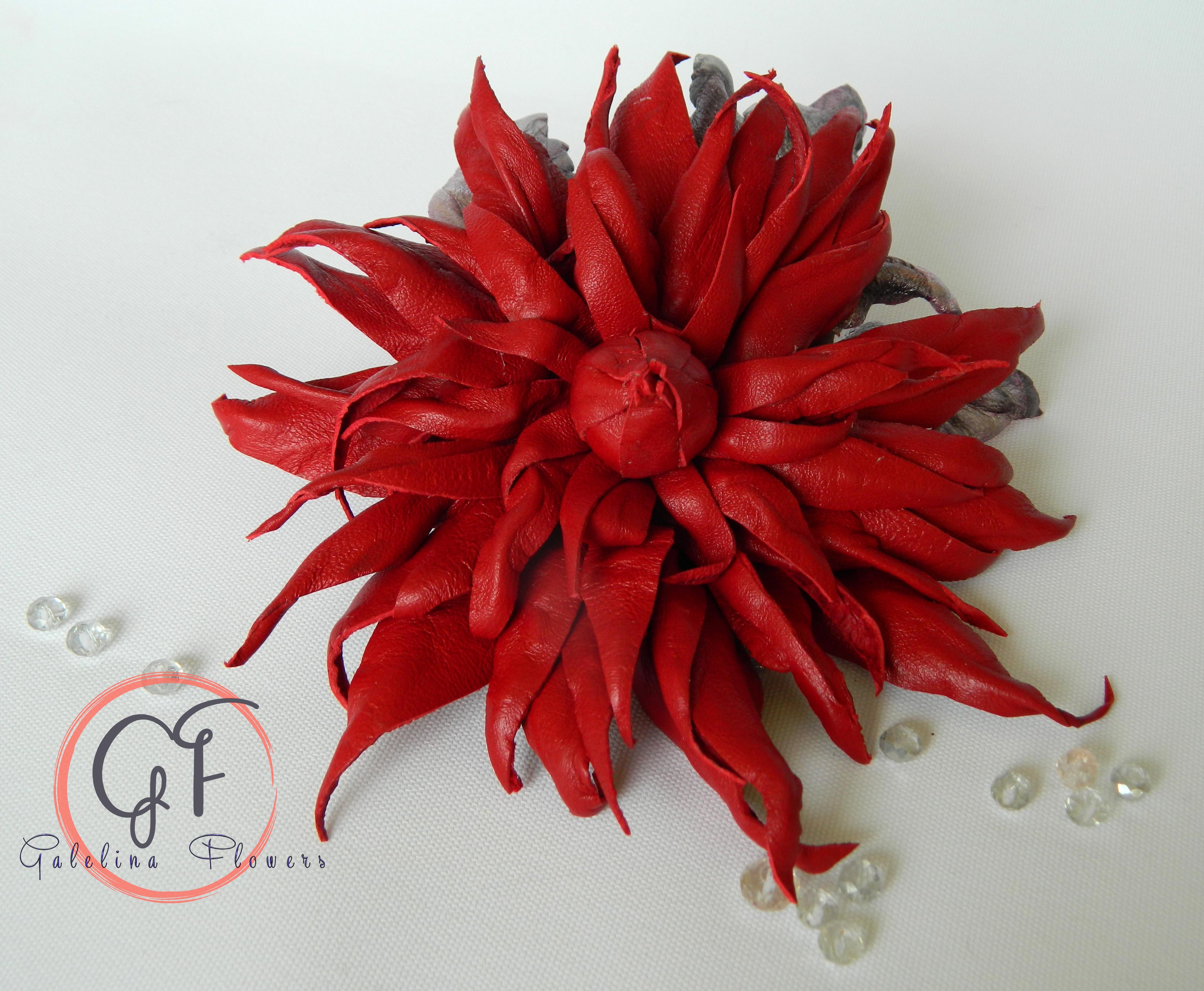 Leather Red Dahlia “Burning Petals” Brooch, Hair hat clip, Corsage Flower