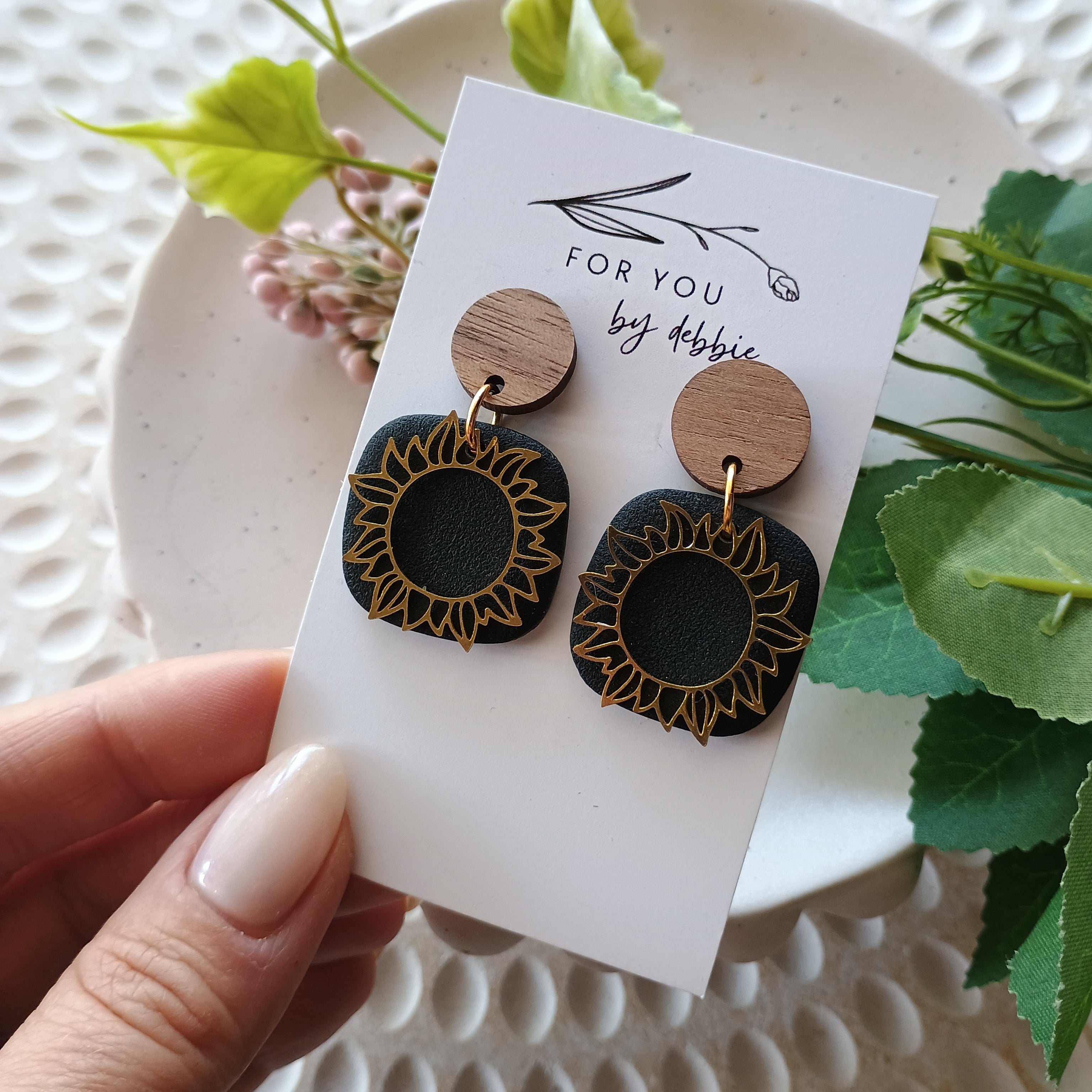 Sun charm dangle earrings- black and wood stud top