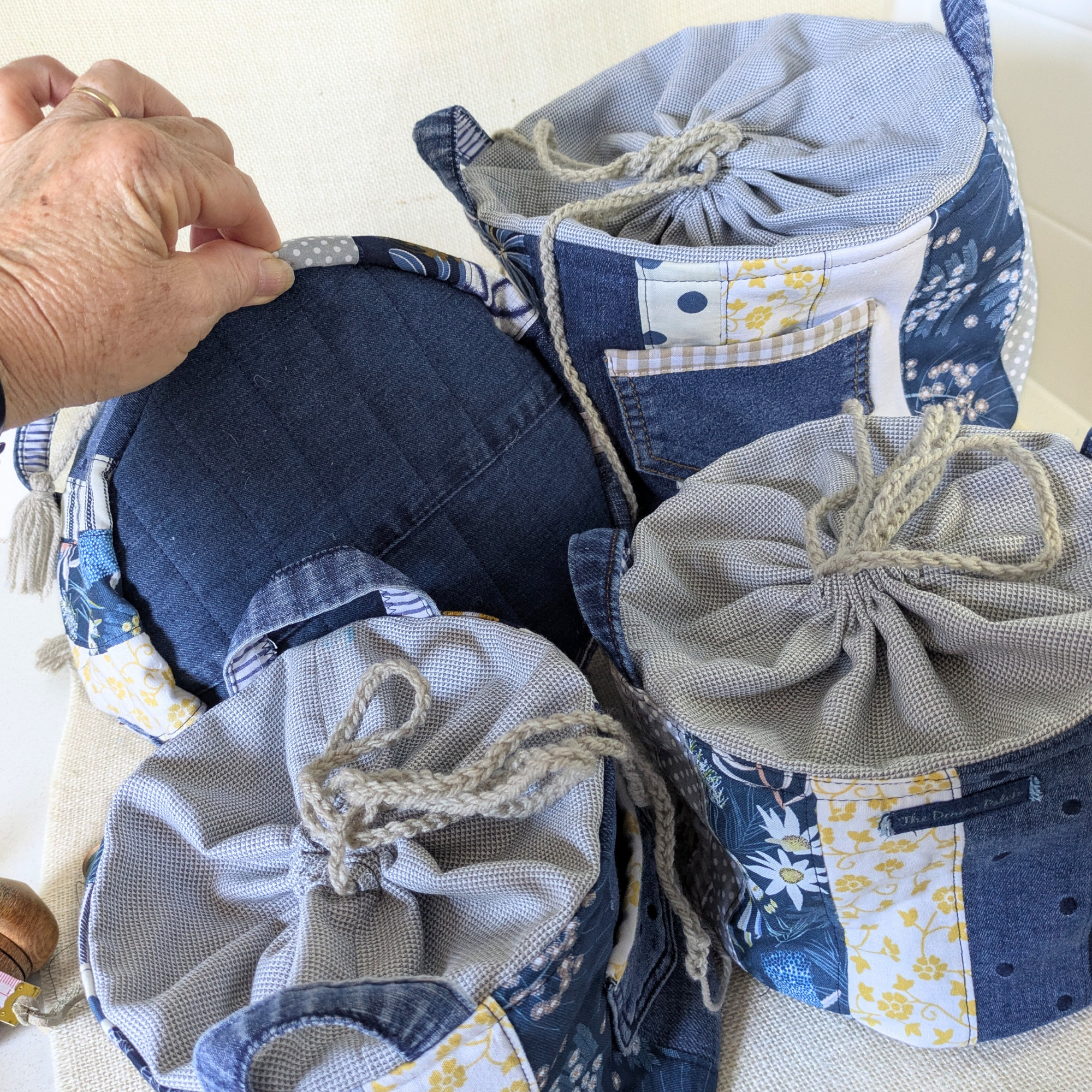 Project Bag Upcycled Denim, Craft Storage, Navy & Yellow Small