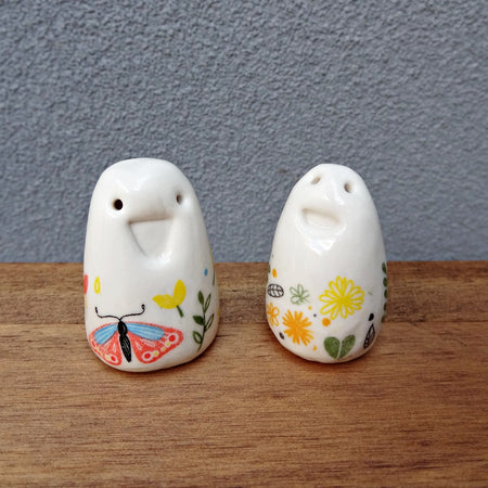 Set of 2 miniature ceramic pebble pets. Collectable tiny ceramic pottery stone friends. Handmade Whimsical Shelf or desk decor