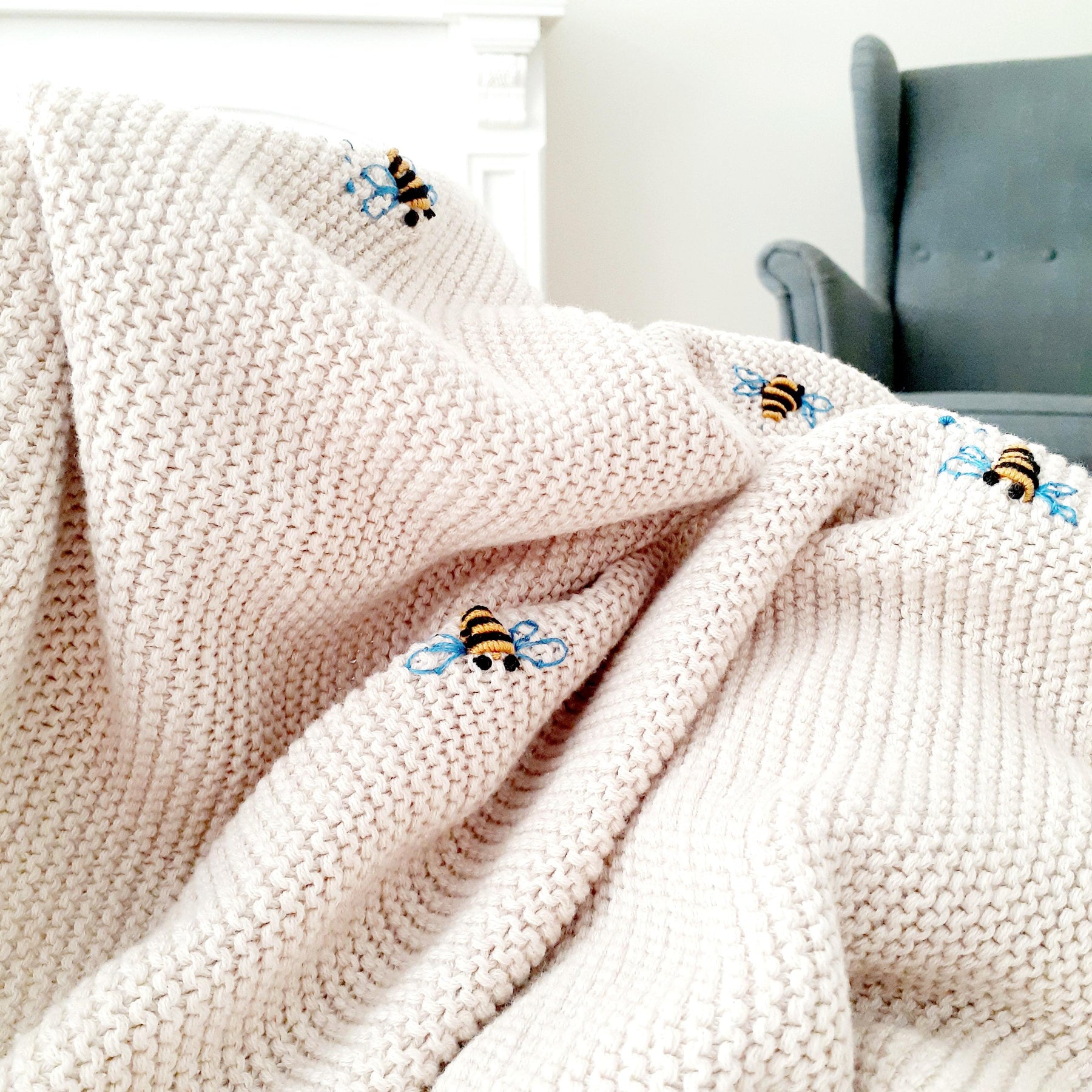 Chunky Knit Baby Blanket, Hand Embroidered, Newborn Gift, Boy, Girl