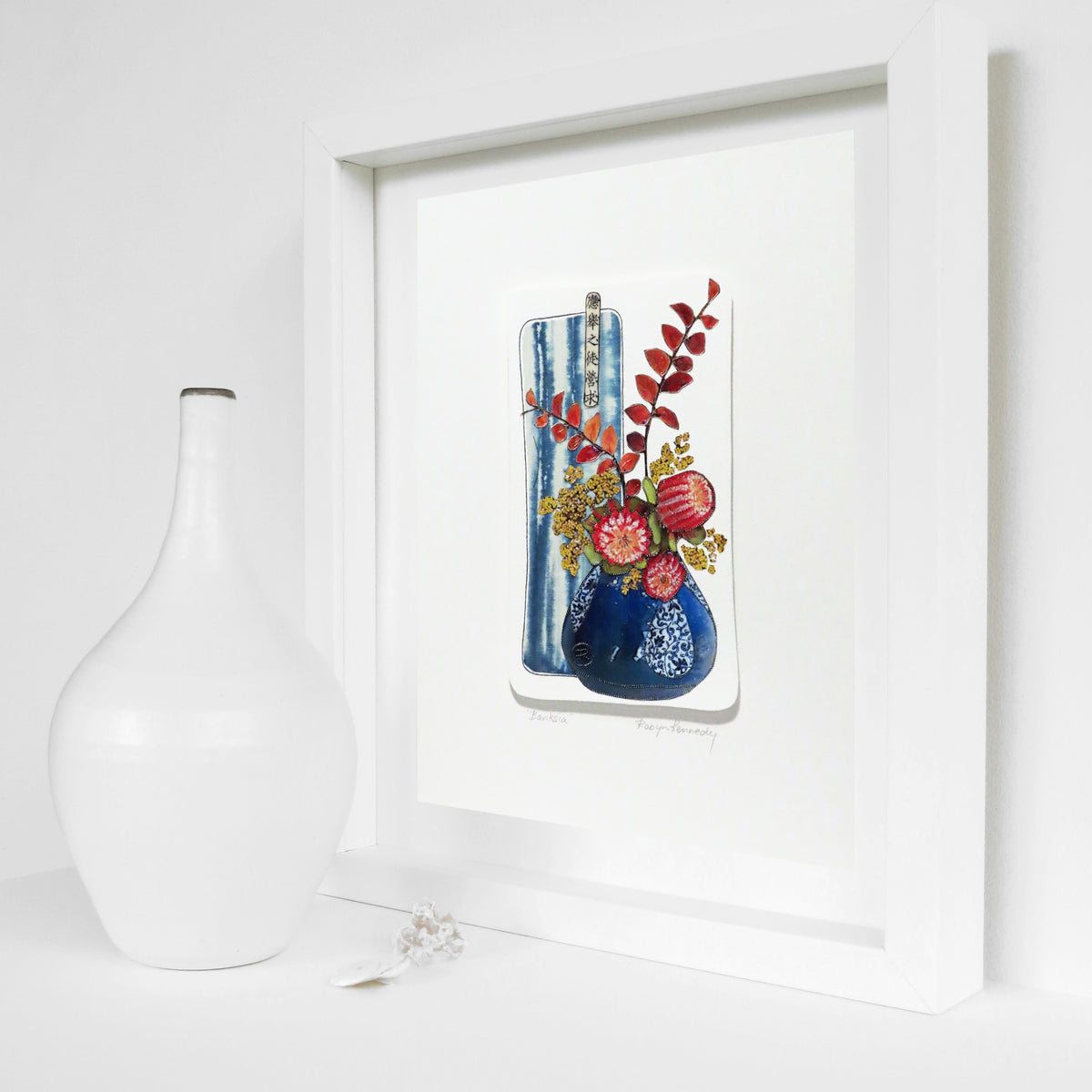 Unframed Collage Art - Red Banksia in Blue Vase