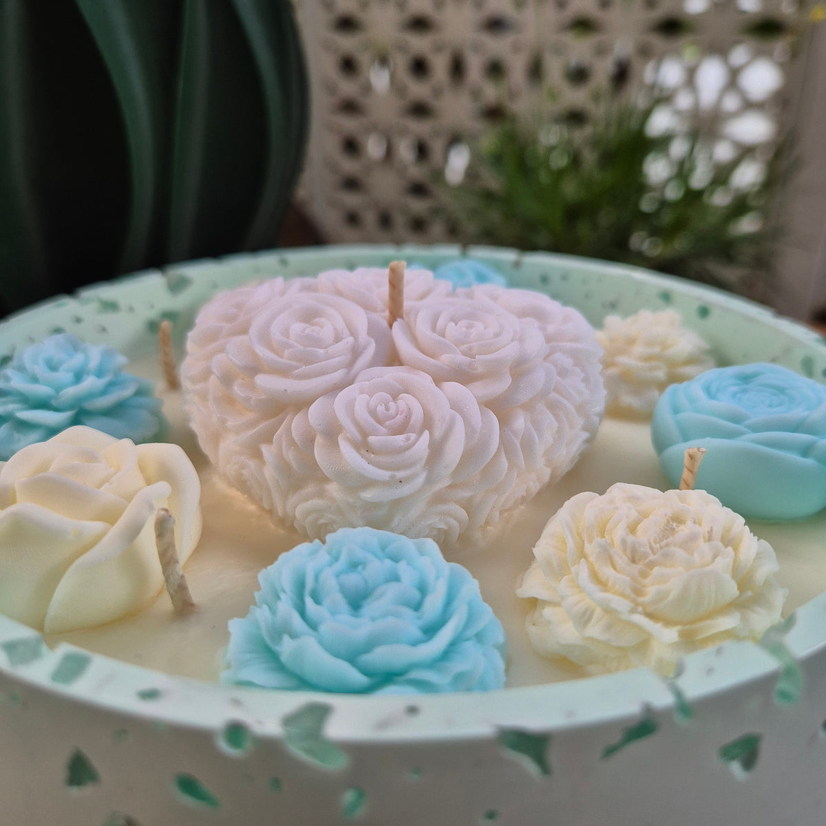 Large soy wax concrete bowl candle with white floral heart and roses