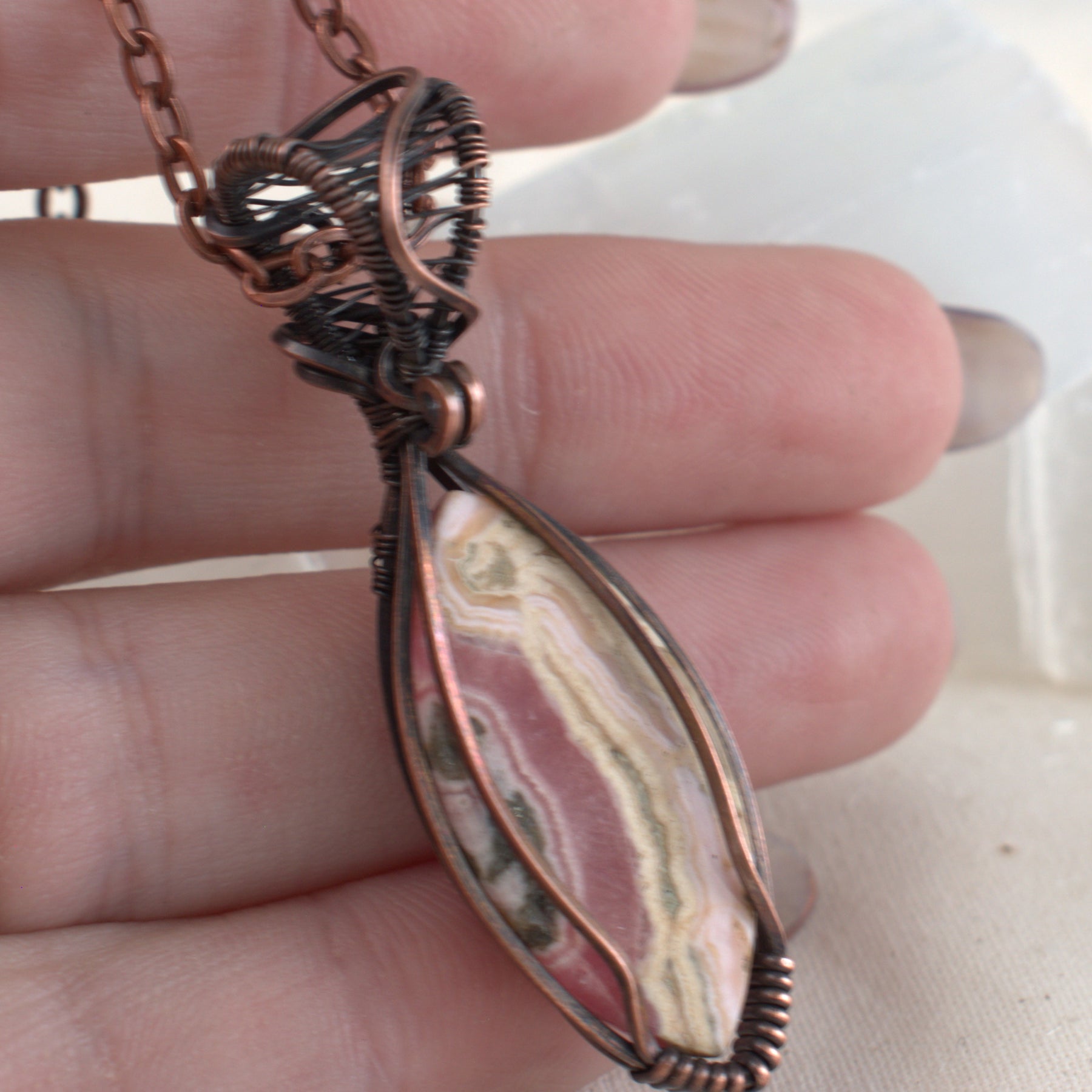 Rose Canyon – Rhodochrosite Oxidised Copper Pendant