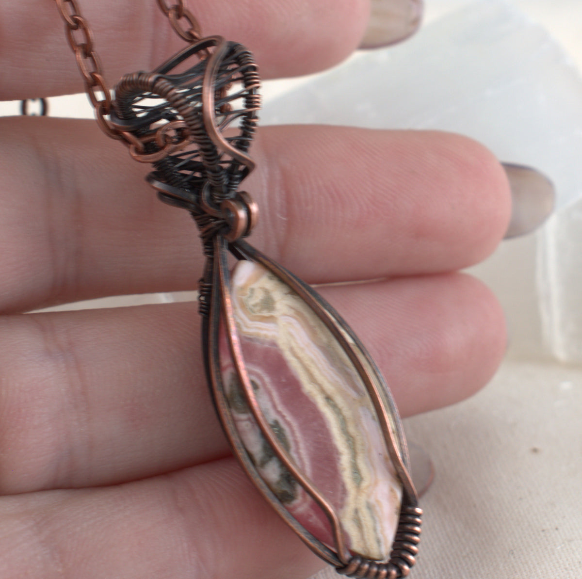 Rose Canyon – Rhodochrosite Oxidised Copper Pendant