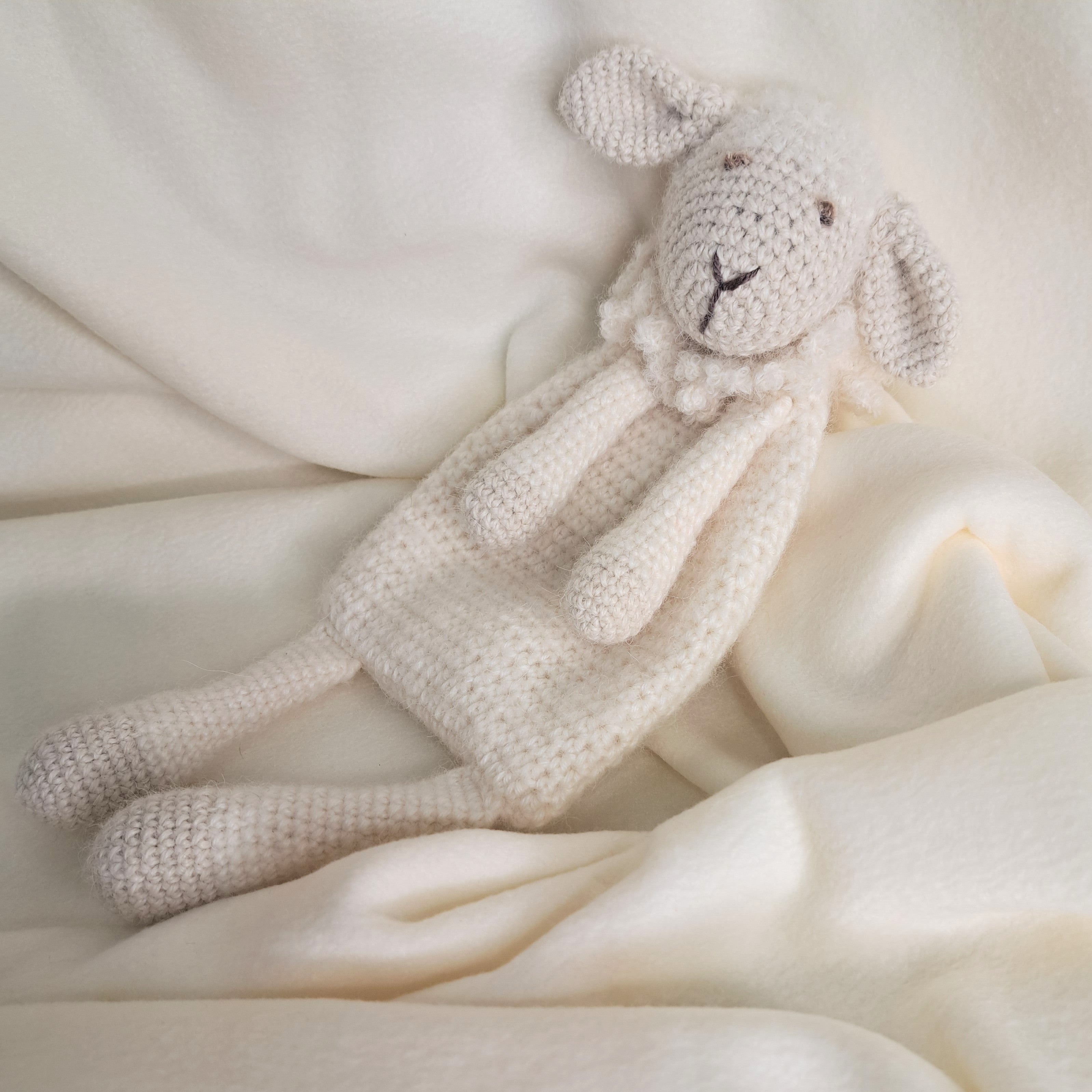 Handmade crochet sheep snuggler, Australian wool, alpaca, silk