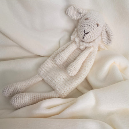 Handmade crochet sheep snuggler, Australian wool, alpaca, silk