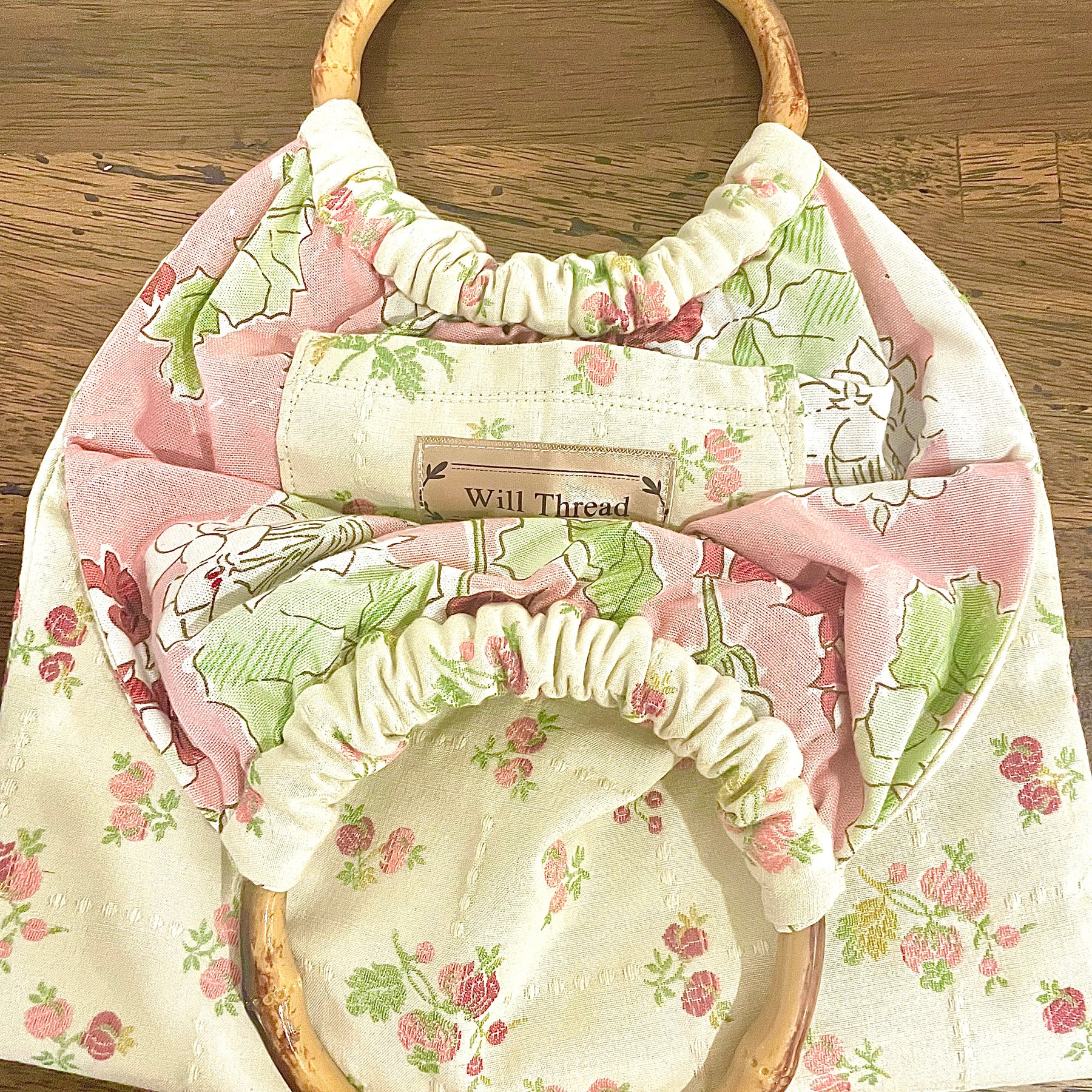 Small Embroidered Rose Granny Bag, Bamboo Handles, Handmade
