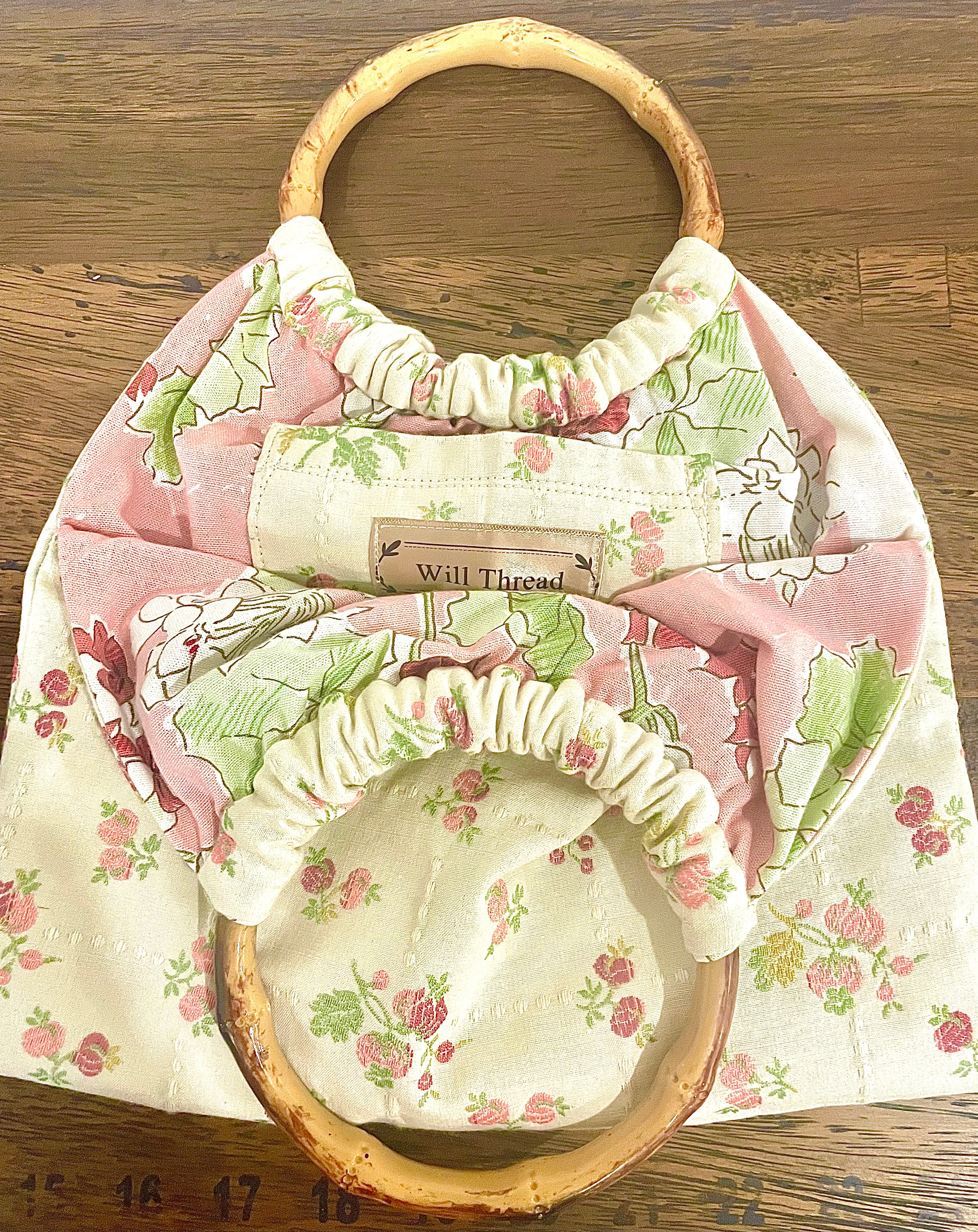 Small Embroidered Rose Granny Bag, Bamboo Handles, Handmade