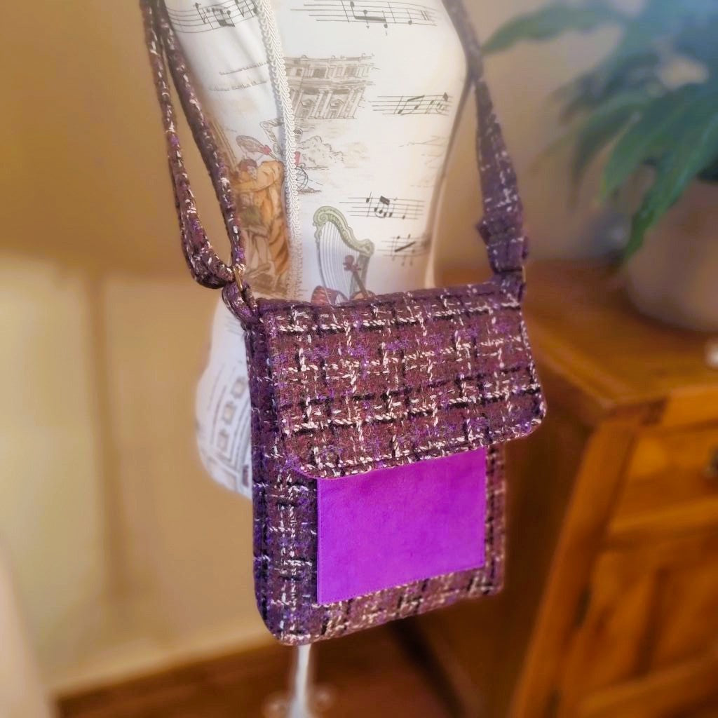 Upcycled crossbody messenger bag - brown & purple