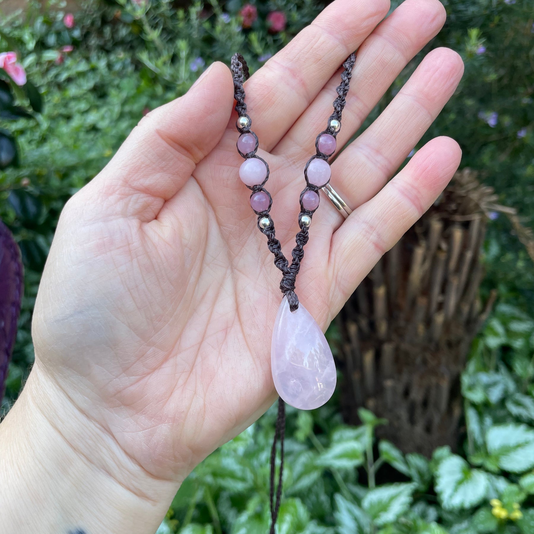 Rose Quartz Pendant, Necklace, adjustable boho macrame