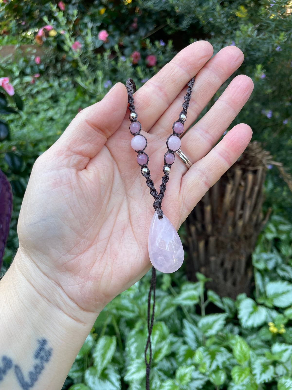 Rose Quartz Pendant, Necklace, adjustable boho macrame