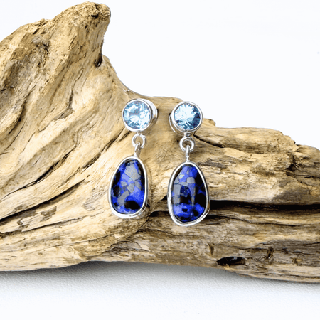 Australian Boulder Opal and Blue Zircon Drop Earrings in 925 Sterling Silver