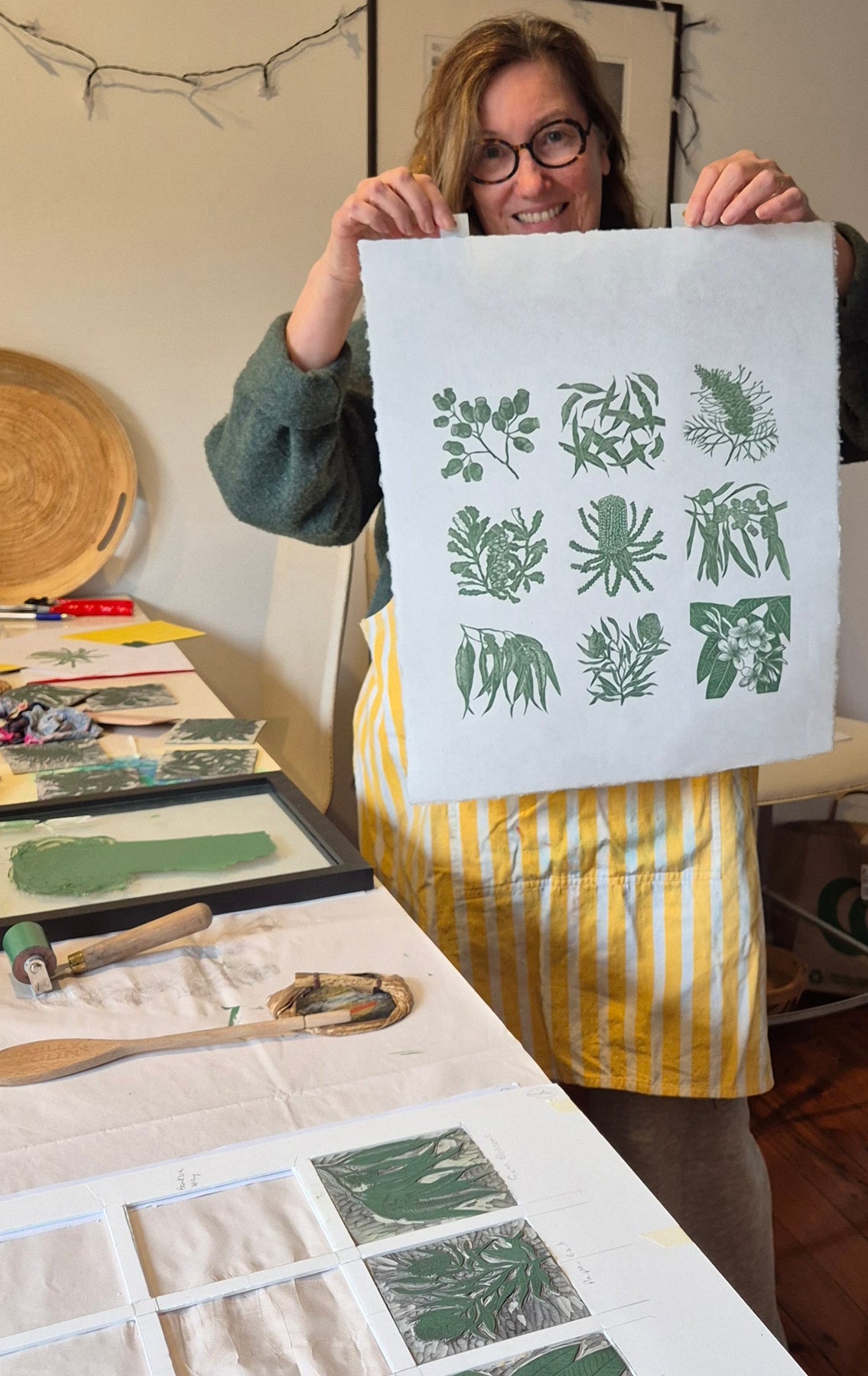 Linocut original artwork native plants green