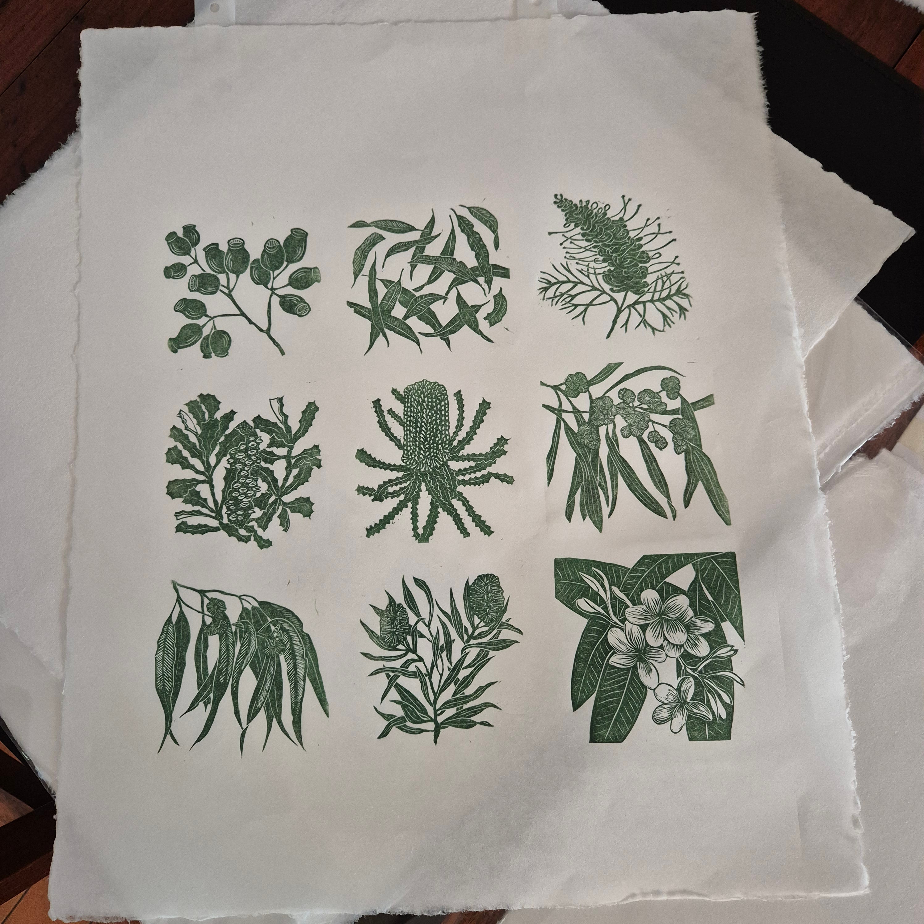 Linocut original artwork native plants green