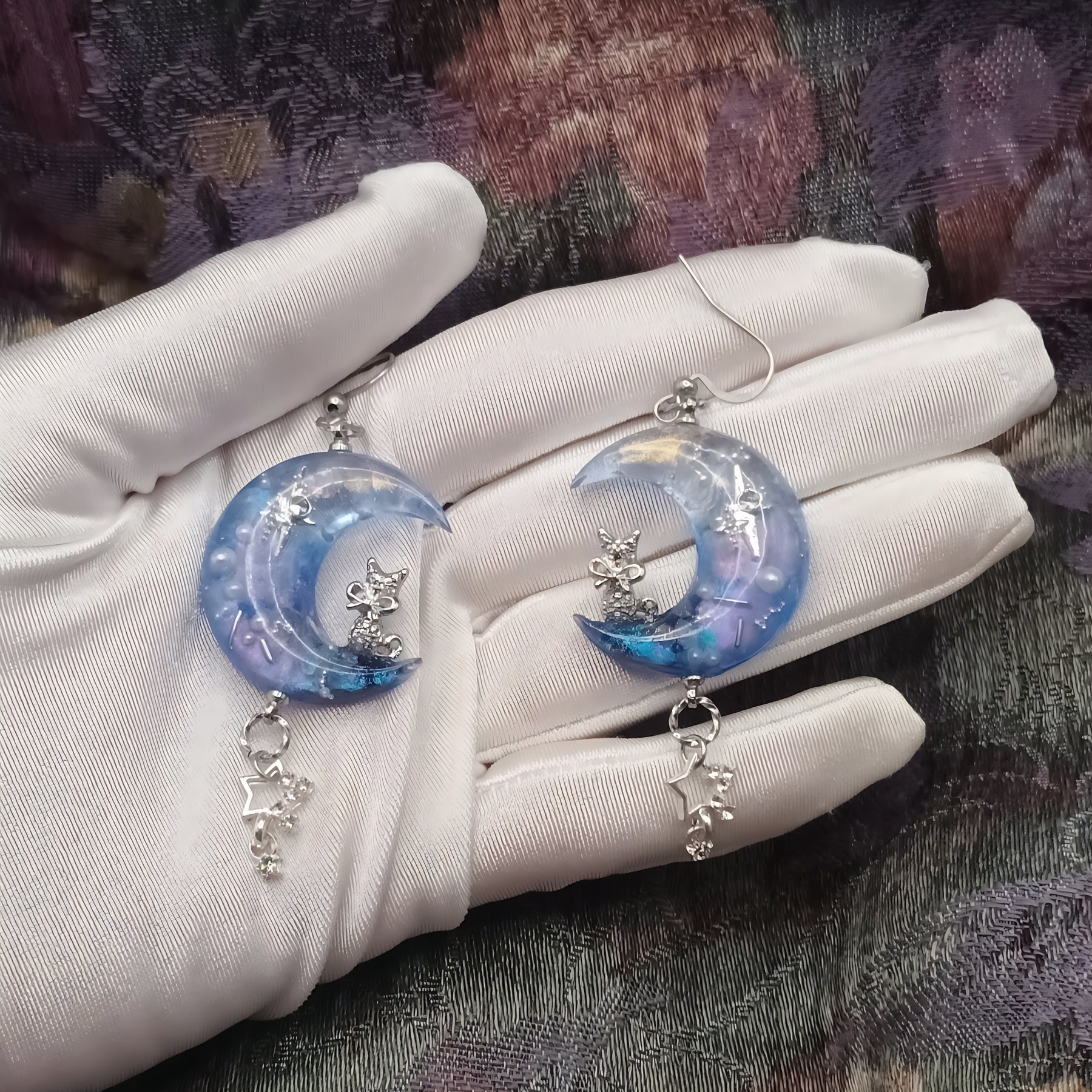 Cosmic Cresent Moon with a Cat Earrings