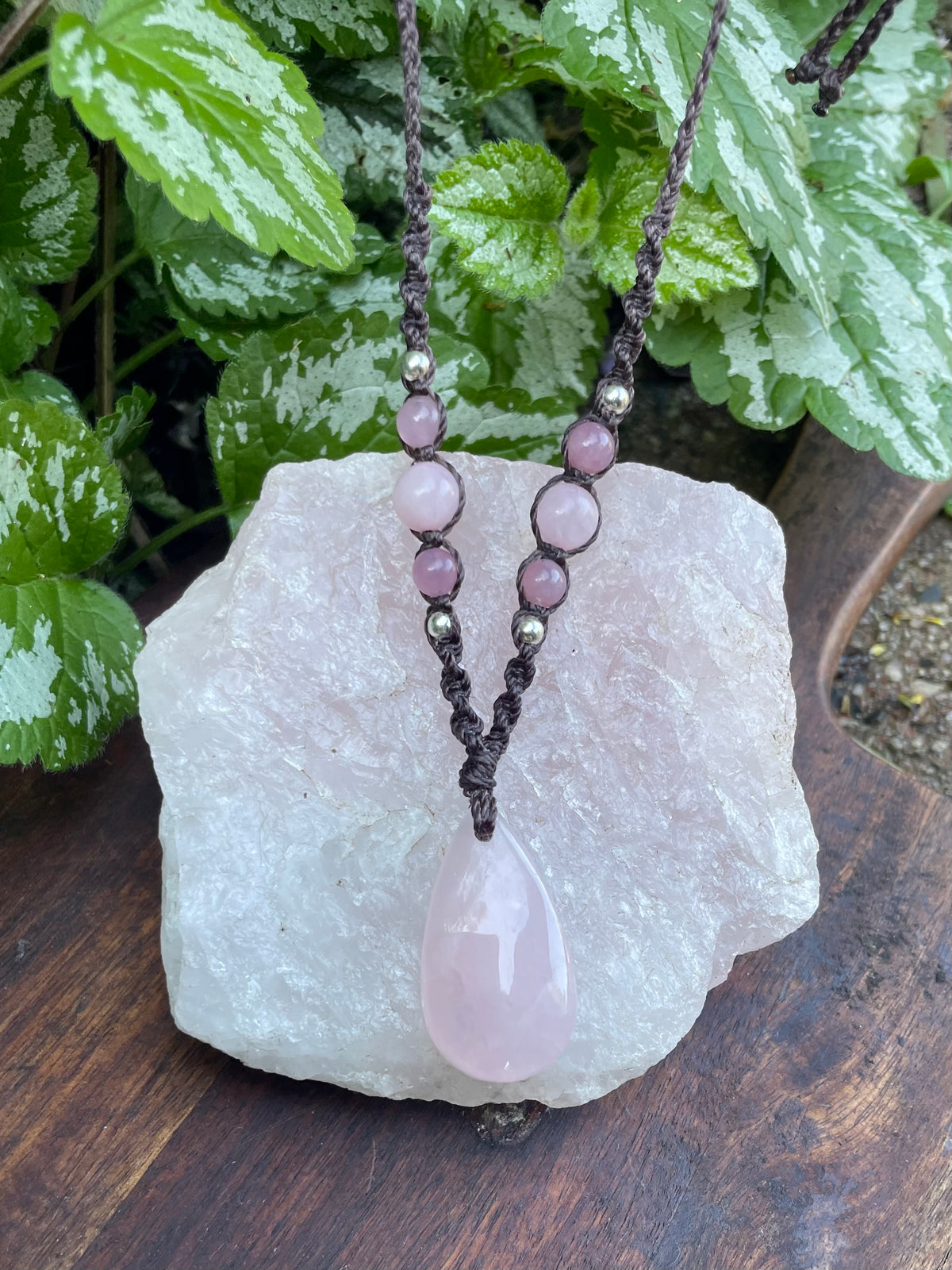 Rose Quartz Pendant, Necklace, adjustable boho macrame