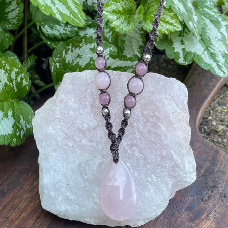 Rose Quartz Pendant, Necklace, adjustable boho macrame
