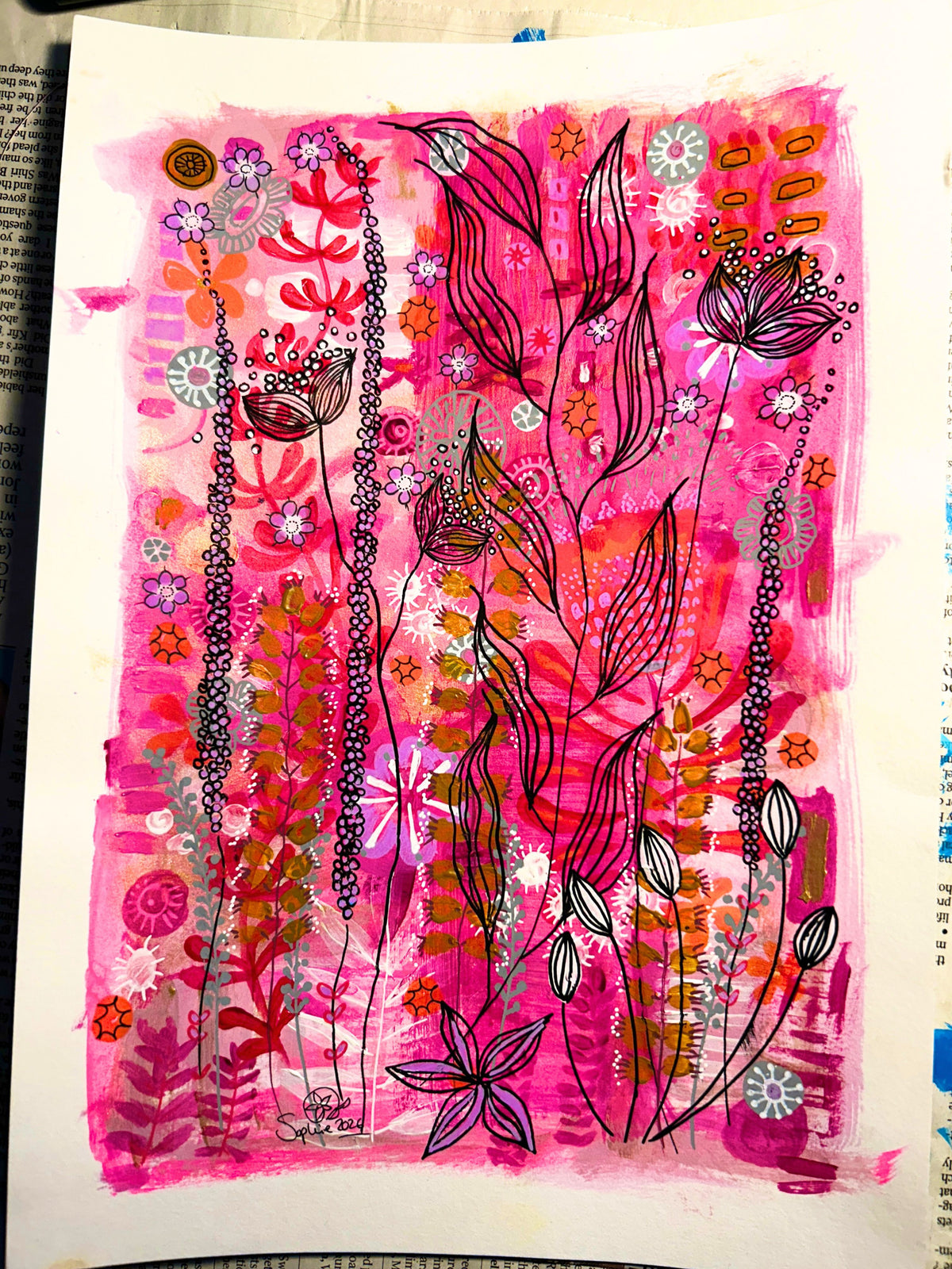 Original Hand-Painted Art: Ember Lines in Hot Pink